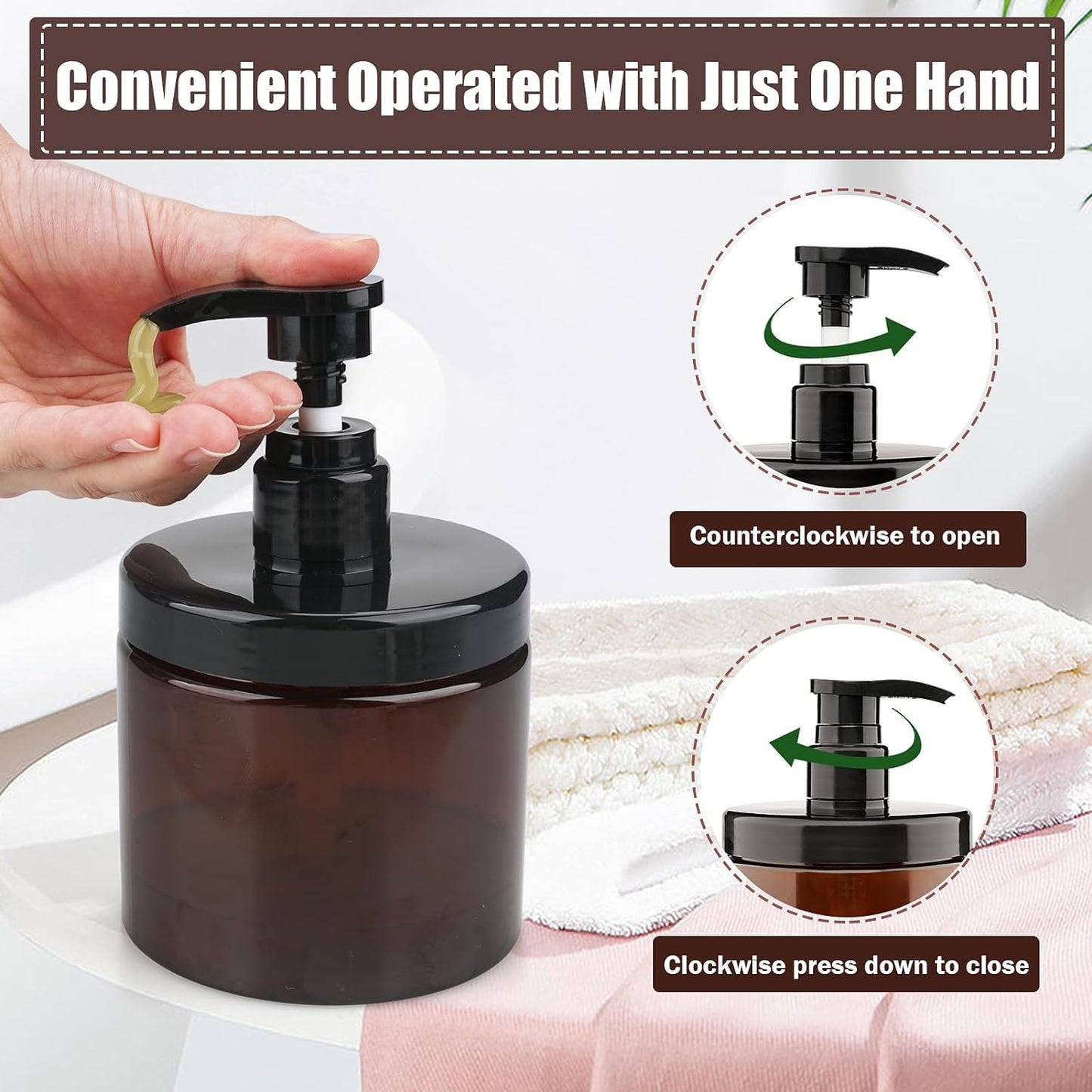 Cosywell Pump Bottle Dispenser Shampoo and Conditioner Dispenser 2 Pack 16.9oz/500ml Wide Mouth Hand Soap Dispenser Refillable Plastic Empty Liquid Container for Lotion Body Wash(Brown)