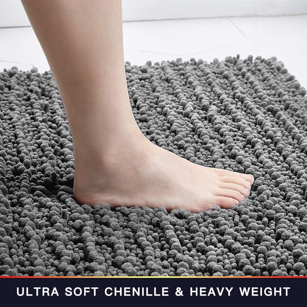 Walensee Bathroom Contour Rug Non Slip Toilet U Shaped Bath Mat (20x24, Grey) Water Absorbent Super Soft Shaggy Chenille Machine Washable Dry Extra Thick Perfect Absorbant Best Plush Carpet