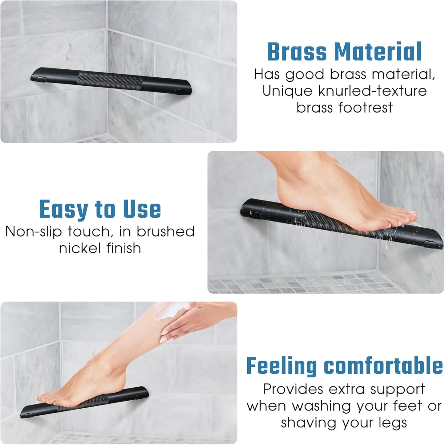 Shower Foot Rest Bar,Corner Shower Footrest for Shaving Legs,Non-Slip Knurled Brass Bar Shower Step Foot Ledge,Matte Black
