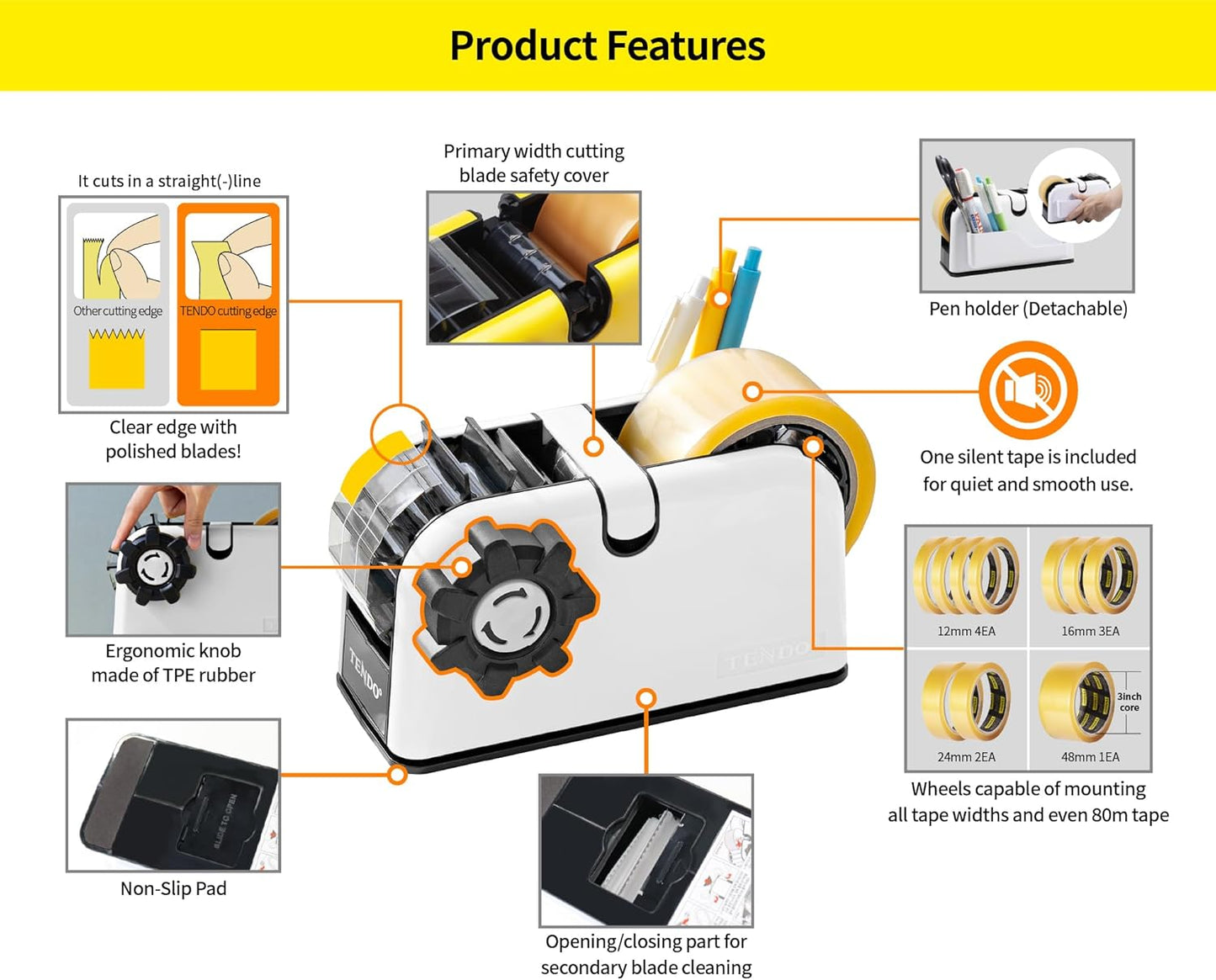 [TENDO°] Multi-Section Tape Dispenser ZO-508: Innovative Cutter for Custom Tape Width (White)