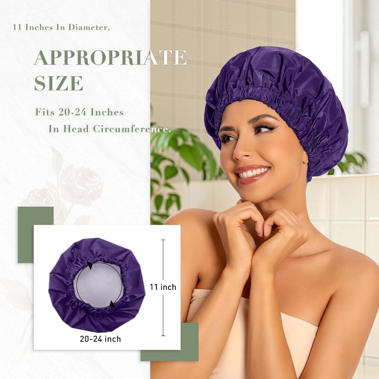 Reusable Shower Cap for Women, Large Waterproof Shower Bonnet Washable Elastic Band Bath Hair Hat for Long Hair, Braids(Dark Purple)