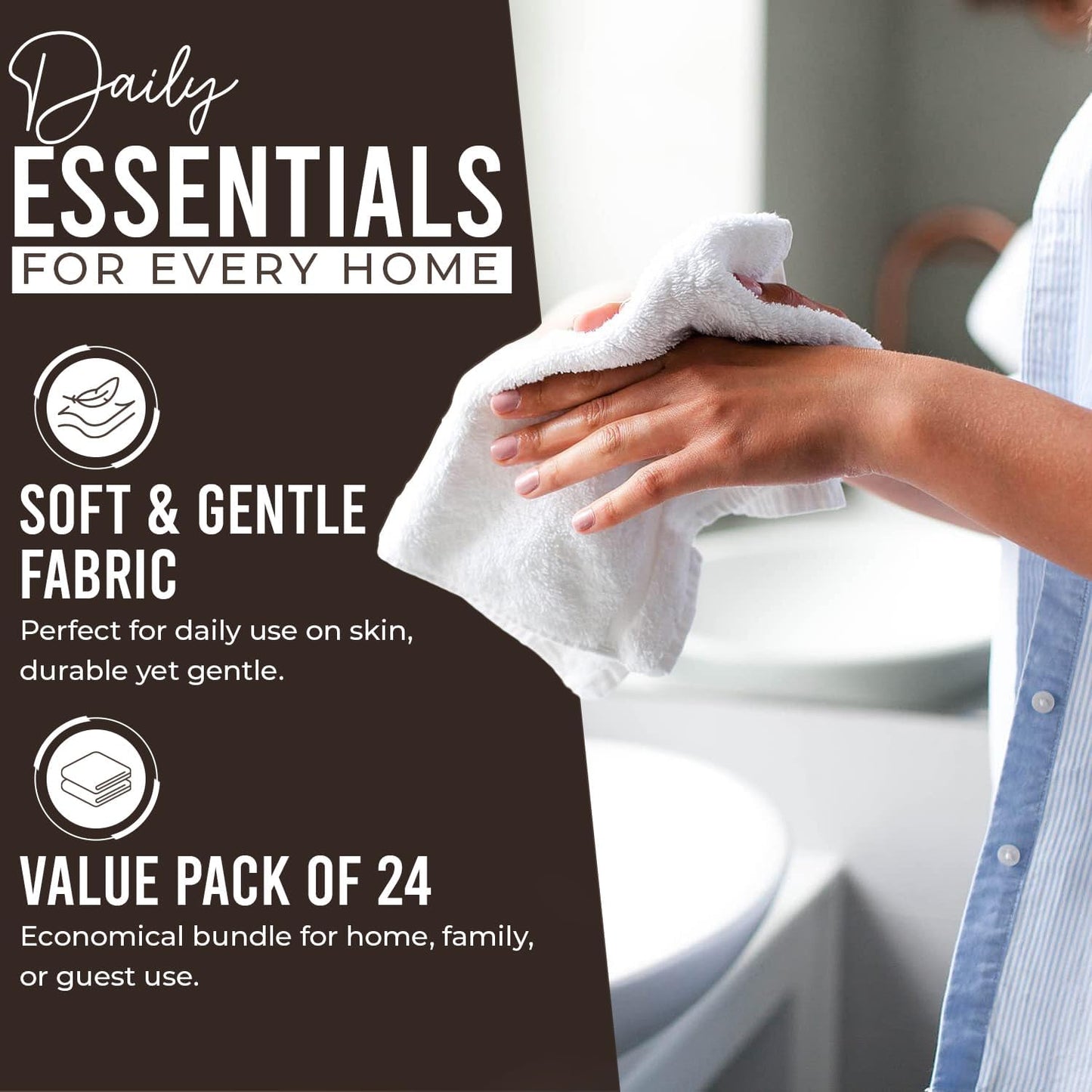 DAN RIVER 100% Cotton Wash Cloths 24 Pack [12x12] Soft & Absorbent Soft washcloths, Gym, Hotels & Spa Perfect for Everyday Use Fingertip Towels, Brown