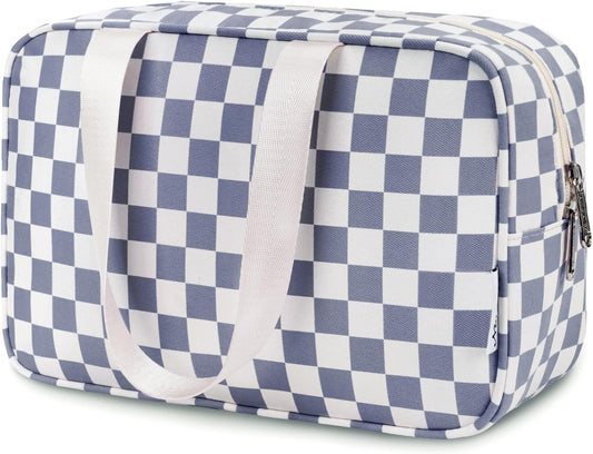 Narwey Large Toiletry Bag Women Large Cosmetic Bag Travel Makeup Bag Organizer Medicine Bag for Toiletries Essentials Accessories (Grayish Blue Checkerboard)