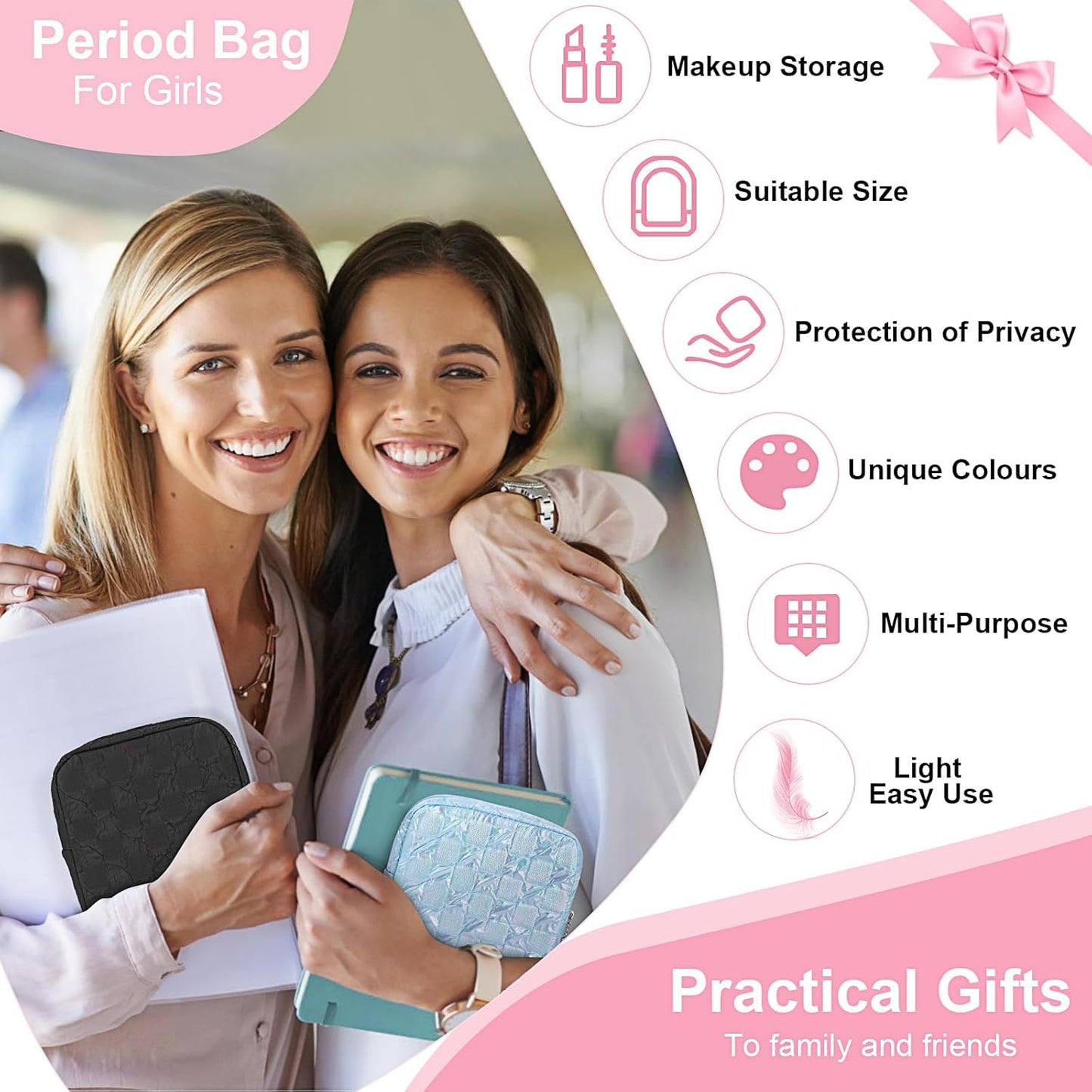 Desing Wish Sanitary Napkin Storage Bag Polyester Fabric Period Bag for Teen Girls Sanitary Pad Pouch for Sanitary Napkins/Tampons/Panty Liners Privacy Protector Pad Bag (Bubble-Check, White)