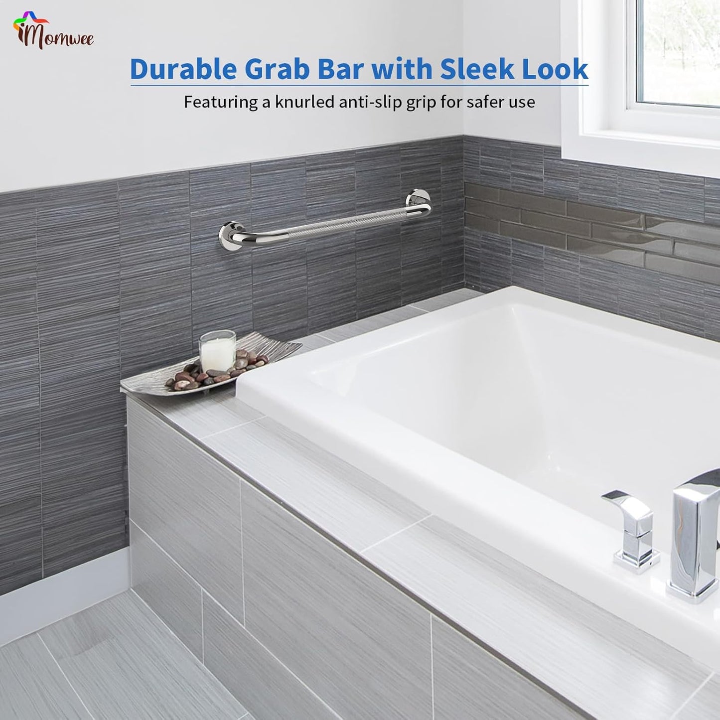 2 Pack 24 Inch Shower Grab Bar with Anti-Slip Grip, iMomwee Chrome Stainless Steel Bathroom Grab Bar Handle, Shower Balance Bar, Safety Hand Rail Support, Handicap Elderly Senior Assist Bath Handle