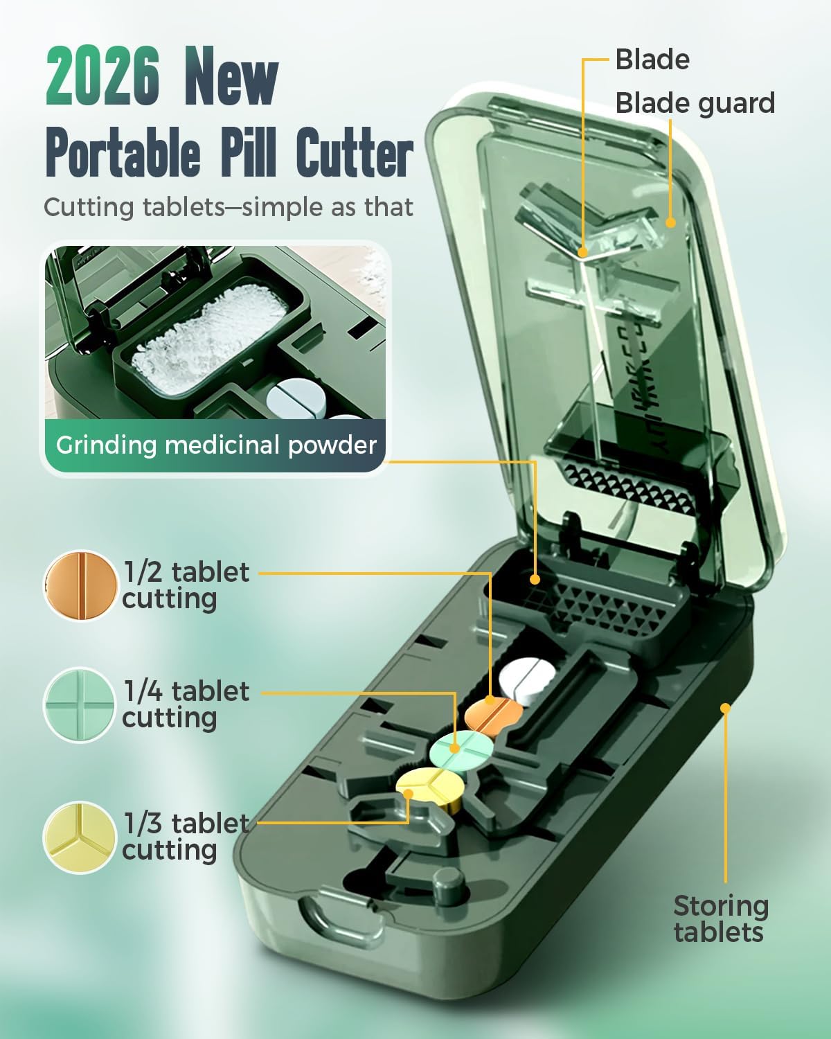 Pill Cutter Splitter for Small and Large Pills, 2026 Upgraded Portable Pill Cutter 1/4, 1/2 and 1/3 for Multiple Splitter Pills, Professional Pillss Cutting and Crusher with Storage Device (White)
