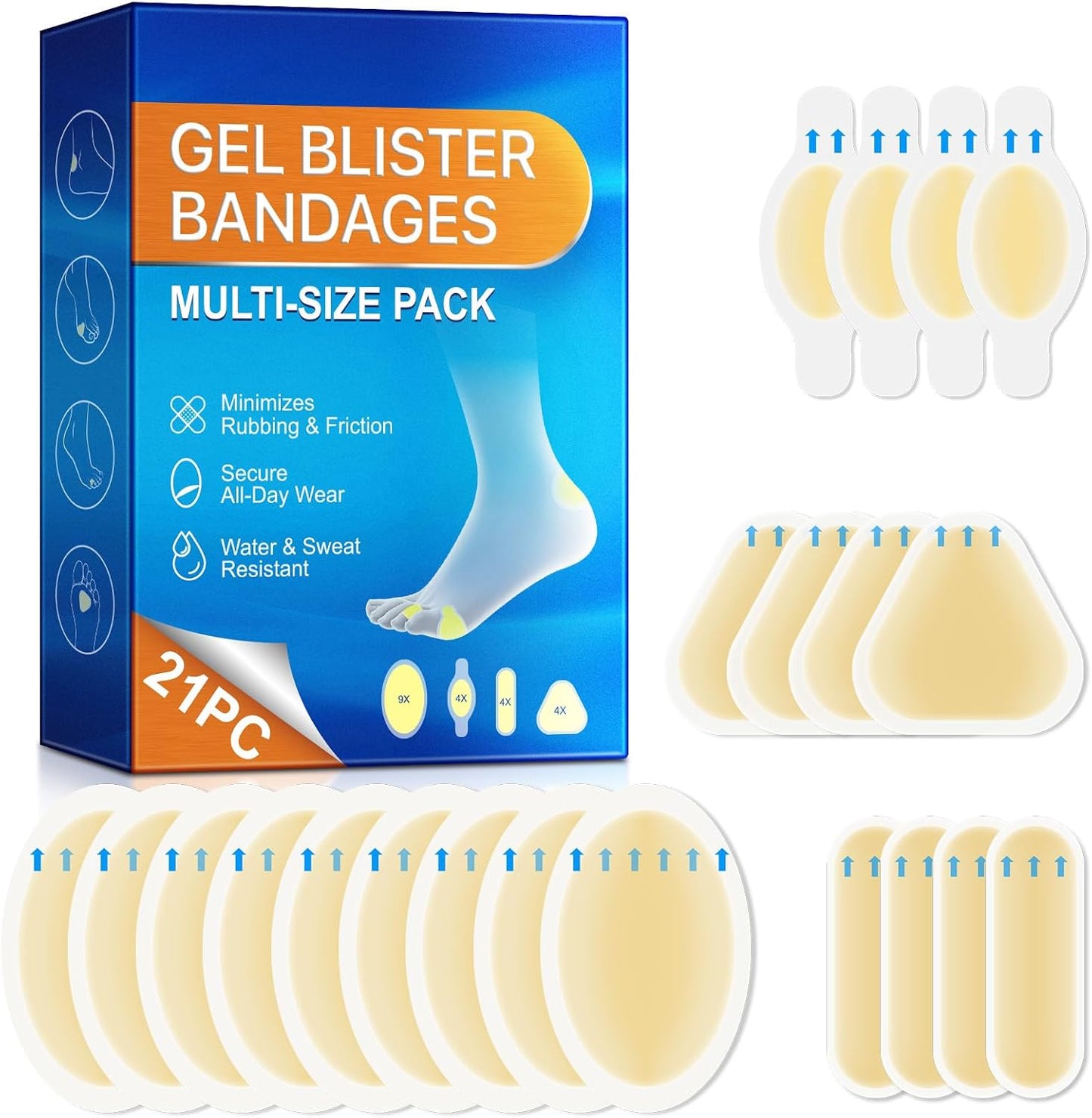 Hydrocolloid Gel Blister Bandages -21ct Waterproof Adhesive Blisters Bandages - Blister Pads for Heel, Foot, Toe, Feet - Gel Blister Chshions for Prevention & Recovery, Variety Pack