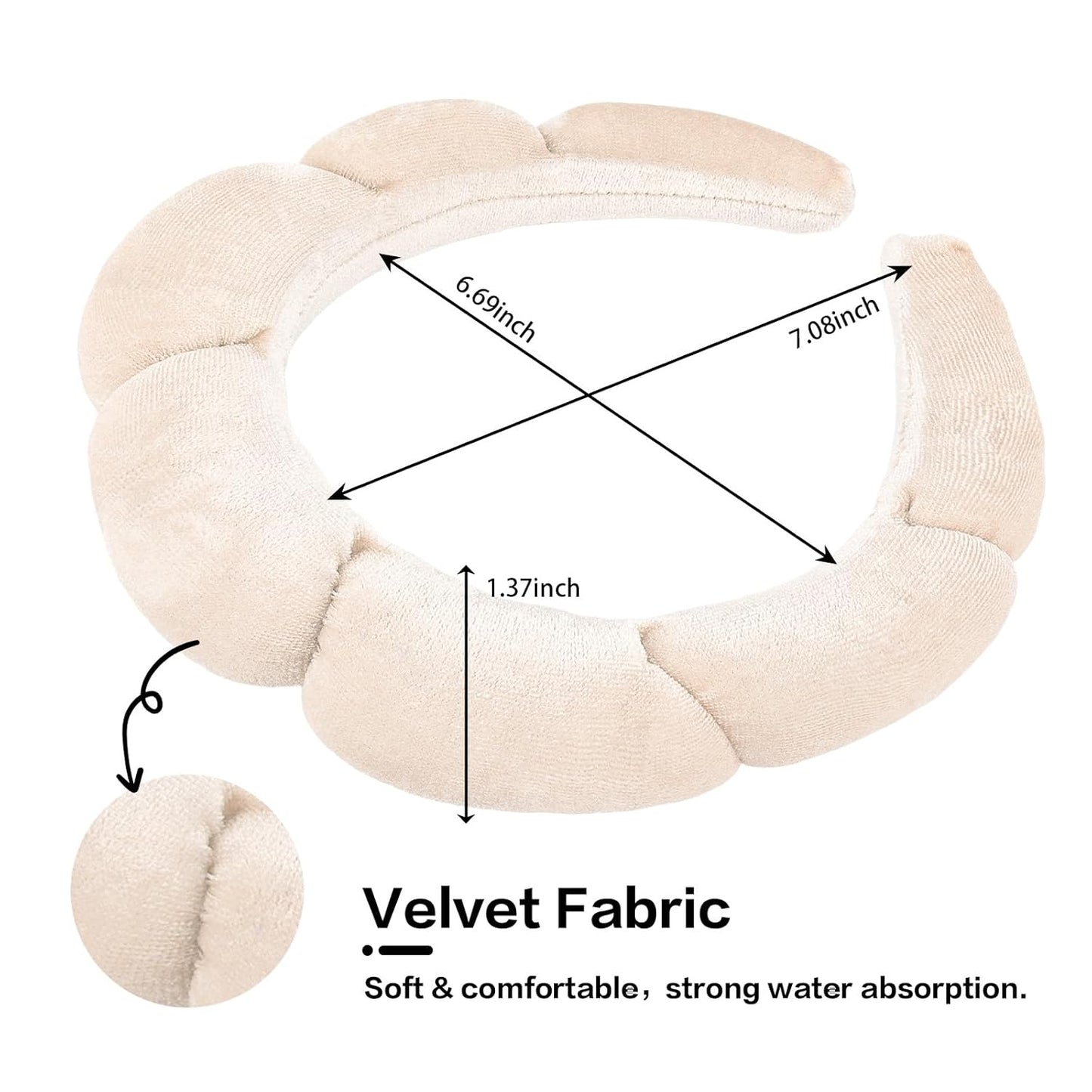 CAVETEE Spa Headband for Washing Face, Sink Care Headband for Women Sponge Bubble Makeup Head band for Women, Soft Velour Hair Accessoriesfor Girls (Beige, one size)
