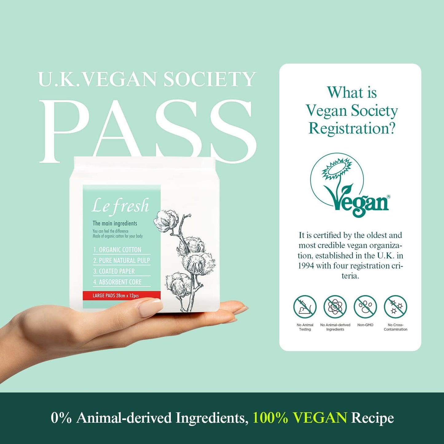 Lefresh Organic Cotton Cover Pads with Wings | Large, 48 Count | Heavy Absorbency - Unscented - Vegan - Chlorine Free - Ultra Thin Pads for Women