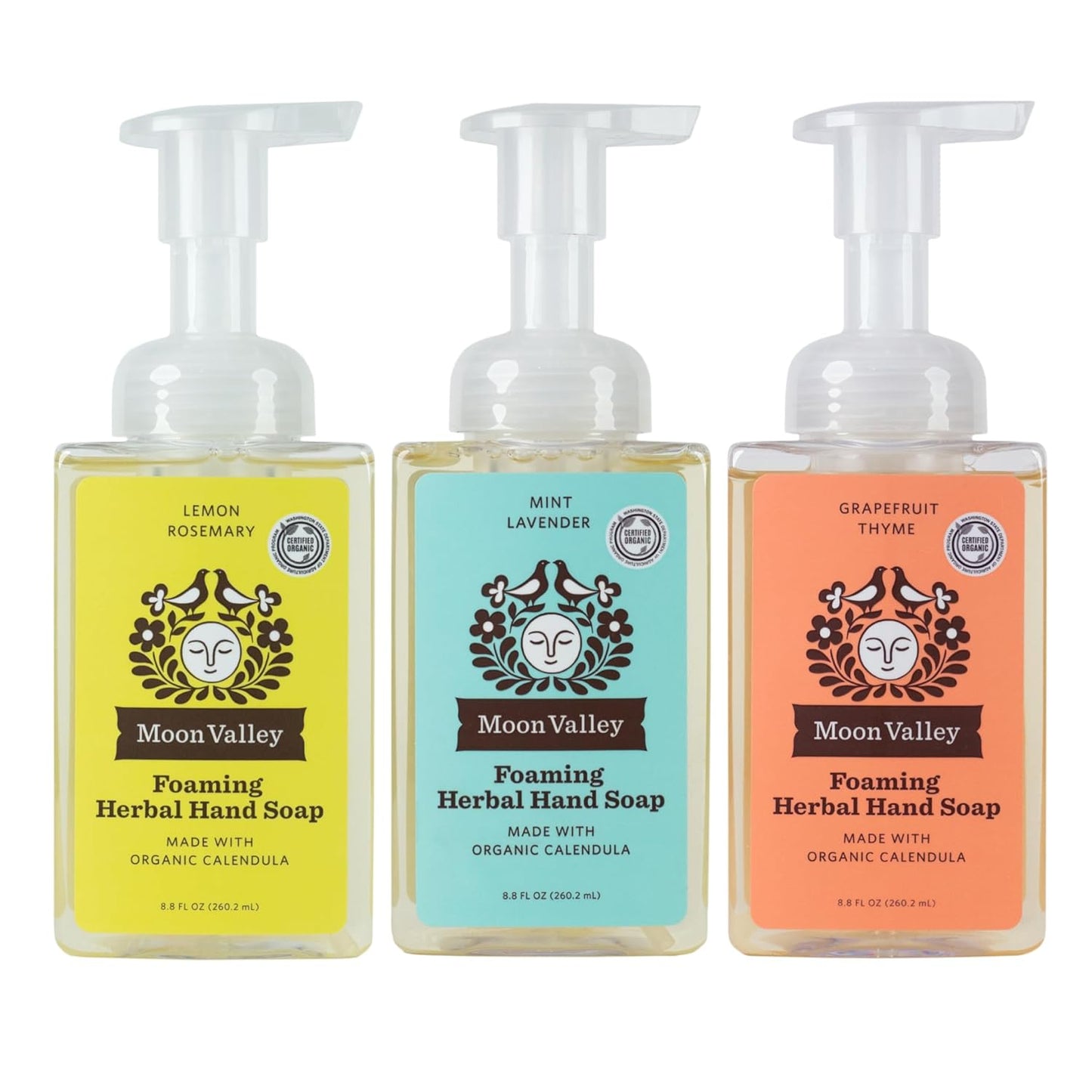 Moon Valley Herbal Foaming Hand Soap, Lemon Rosemary, Mint Lavender, Grapefruit Thyme Three Pack, Vegan, Recyclable Bottle