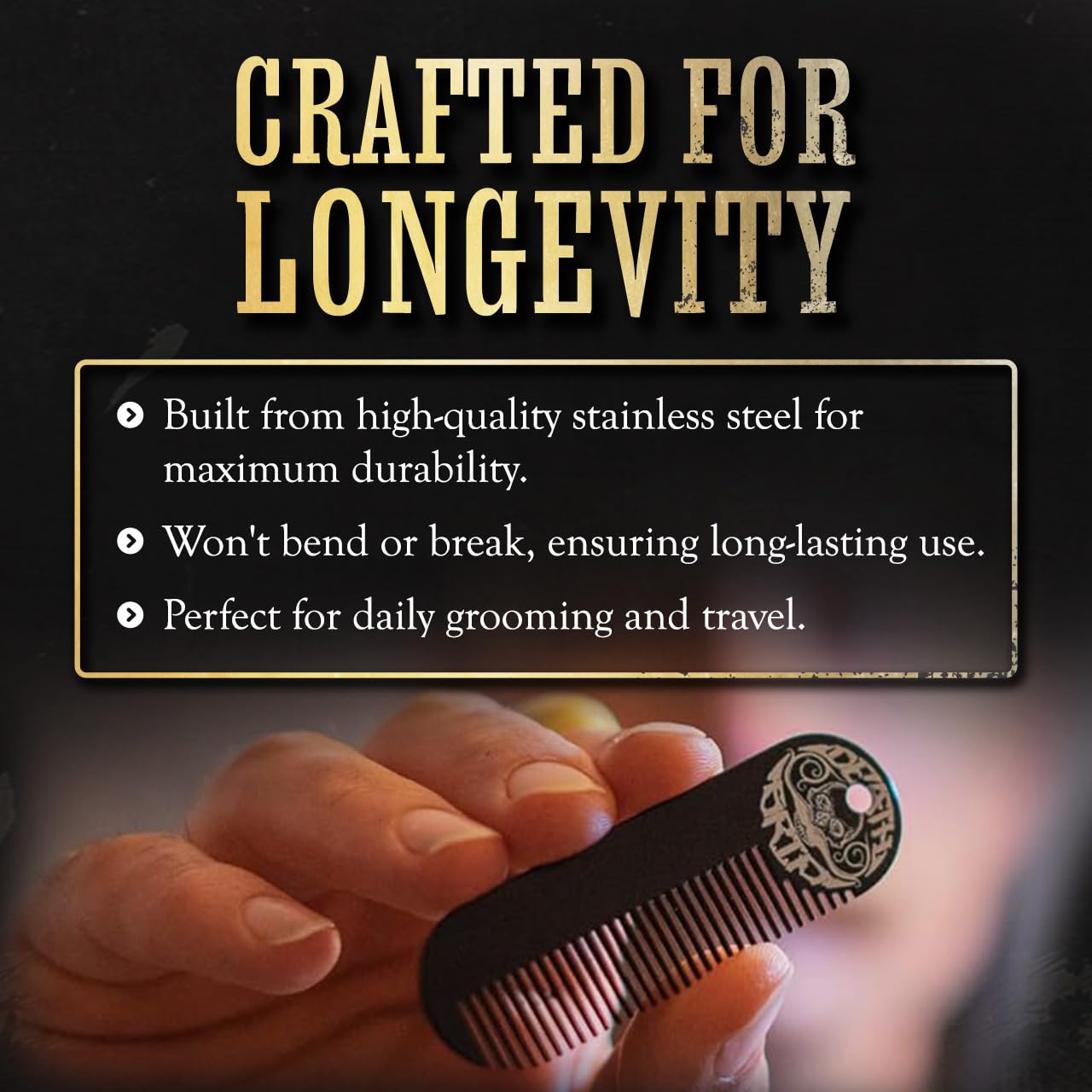 Mustache & Beard Comb Or Fine Tooth Moustache Pocket Metal Powder Coated Black Keychain Comb For Men - 3.25 x 1 Inches by Death Grip