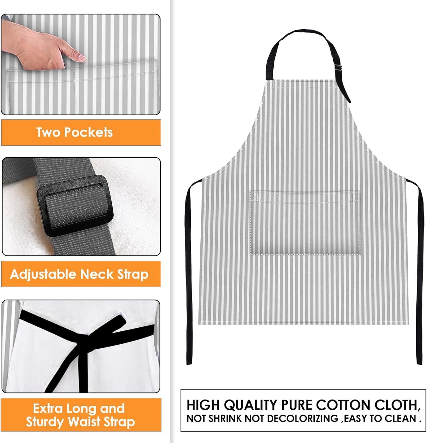 Britimes 2 Pack Aprons, Stripe Durable Adjustable Bib Aprons with 2 Pockets for Women Men Couple Lovers Chef Home Kitchen Cooking Baking Gardening Black Grey Stripes Apron 32x28 Inches