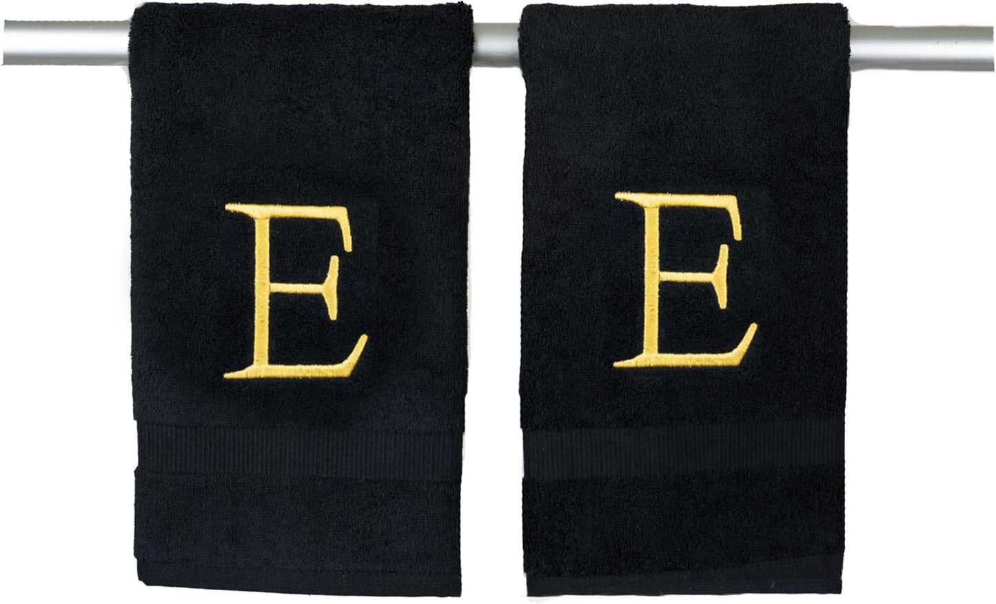 Black Monogram Hand Towel for Bathroom - Monogrammed Initial Hotel Quality Decorative Embroidered Luxury Towel for Powder Room, Spa - GOTS Organic Certified - Pack of 2, Letter E