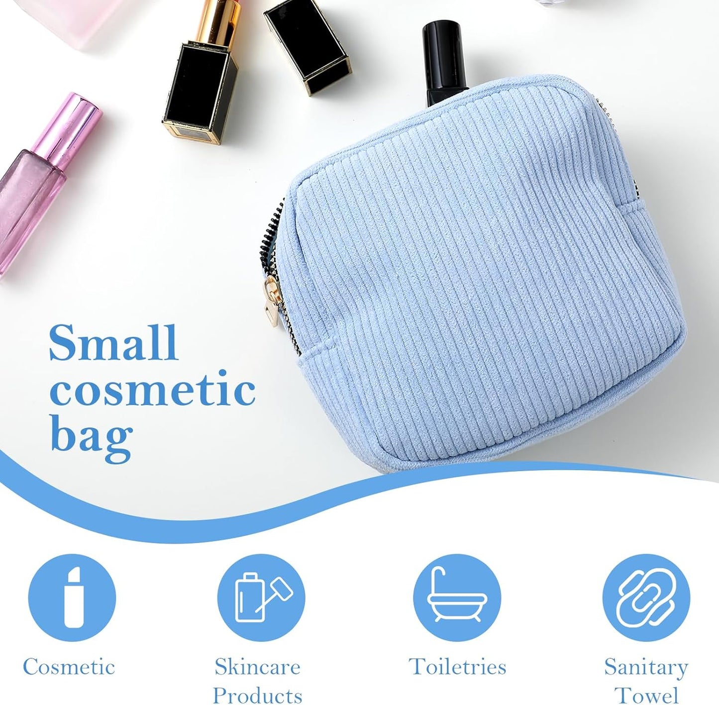 Period Bag for Teen Girls, Sanitary Napkin Storage Bag, Menstrual Bags, Corduroy Tampon Holder, Makeup Pouch with Zipper, Portable First Period Pouch (Sky Blue)