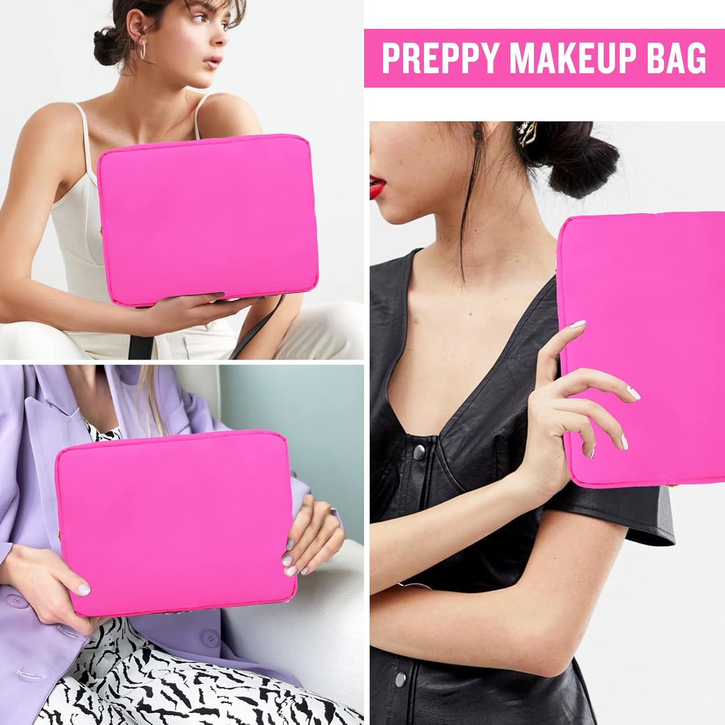 Nylon Large Makeup Bag Travel Cosmetic Bag Pouch, Preppy Big Makeup Bag Cute Cosmetic Zipper Pouch Purse, Waterproof Toiletry Bag Clutch Makeup Organizer Travel Essentials for Women Girls(Hot Pink)