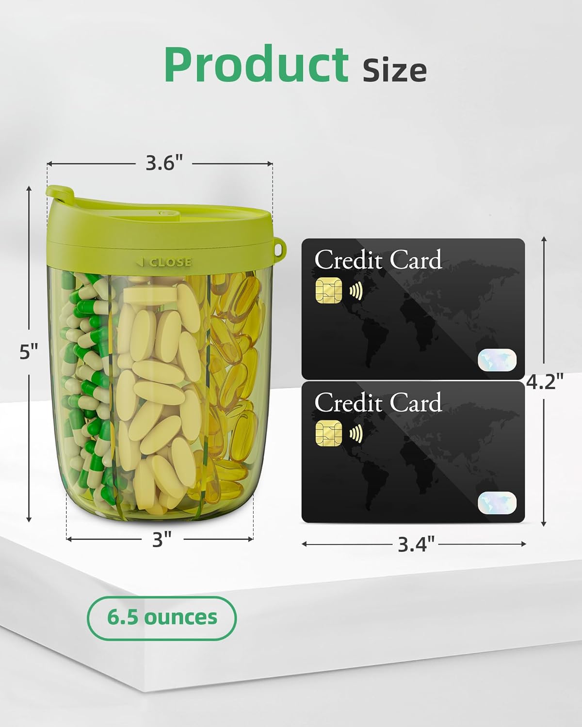 PULIV Large Pill Bottle Organizer, Supplement Organizer for Holding 6 Various Vitamins, Pill Box Case with Anti-Mixing & Wide Opening Design, Easy to Retrieve Meds and 20 Pcs Stick-on Labels, Green