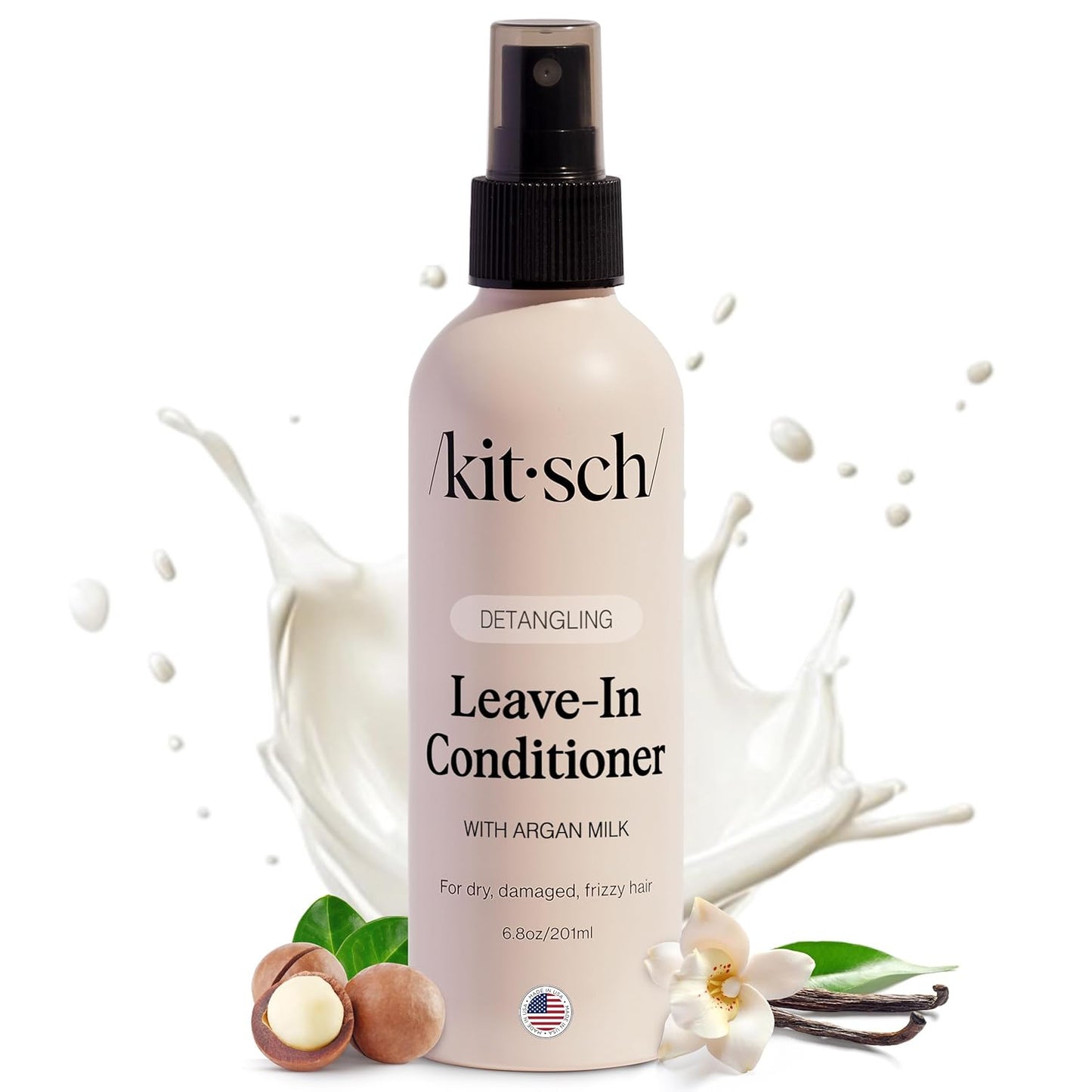 Kitsch Argan Milk Leave In Conditioner Spray – Hair Detangler Spray for Curly, Wavy, Fine, Dry & Damaged Hair - Silicone-Free | Ideal Gifts for Women - 6.8oz