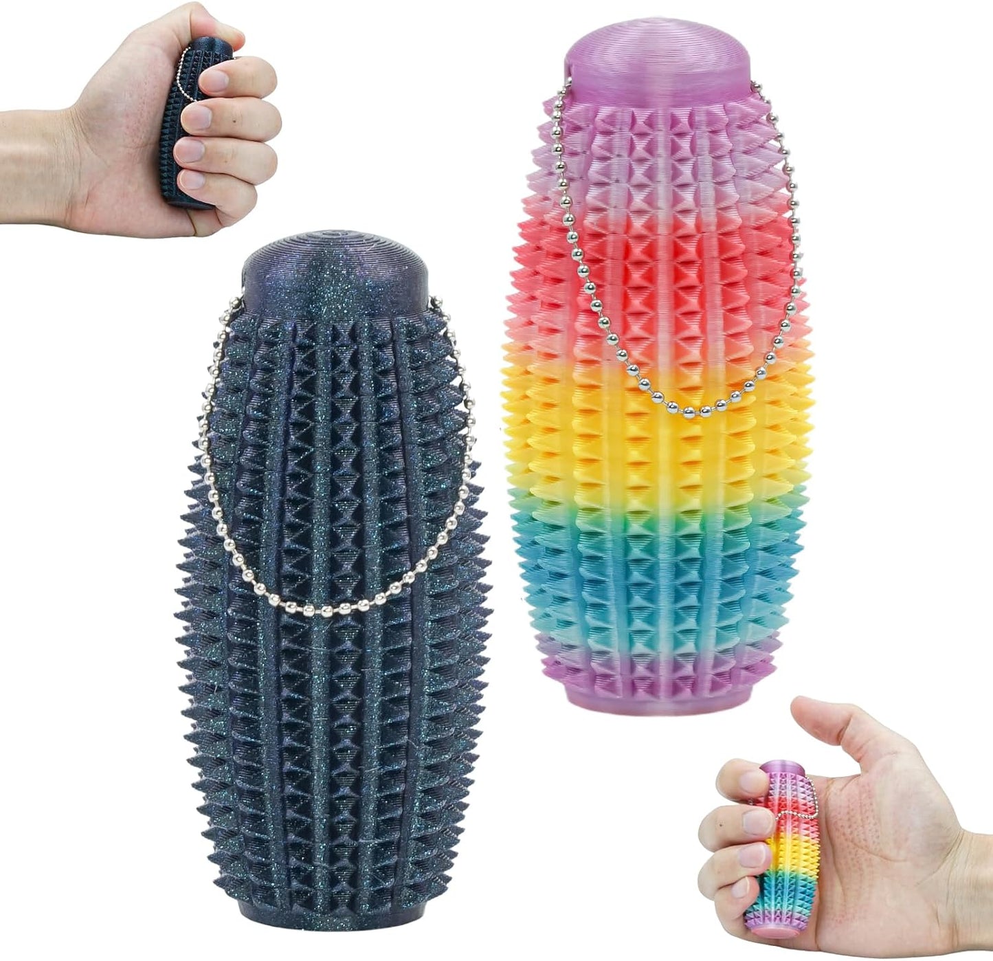 2 Pack Pain Stim Fidget Roller for Adults and Teens Spiky Sensory Hand Toy for Stress and Anxiety Relief, 3D Printed Discreet Keychain Fidget for Focus and Tactile Engagement(Black+Rainbow)