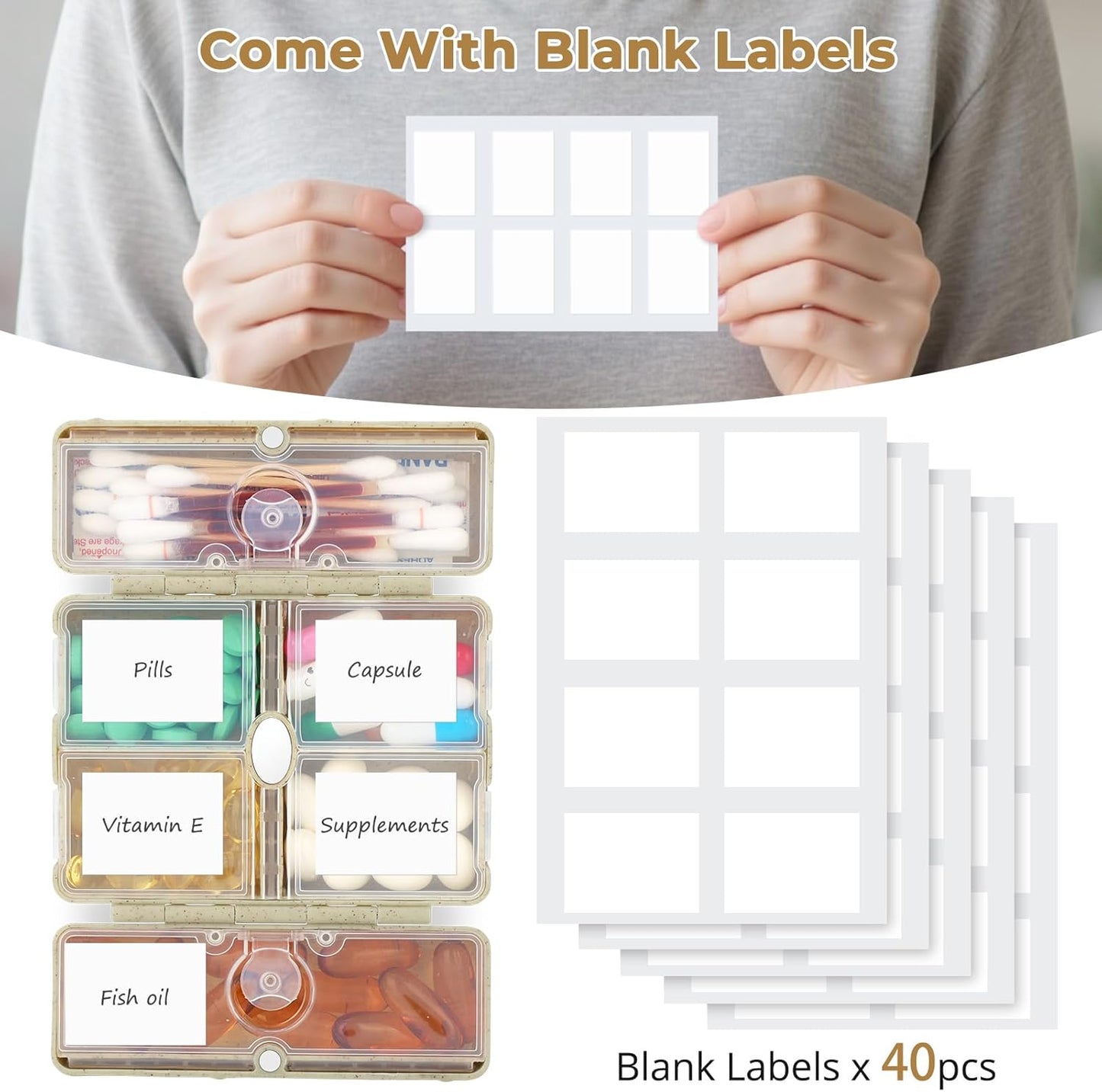 Zentiky Small Daily Pill Organizer with Labels, Medicine Pill Organizer Fit with Your Purse or Pocket for Travel to Hold Vitamin, Fish Oil, Supplement,Cotton Swabs, Bandages or Jewelry-Khaki