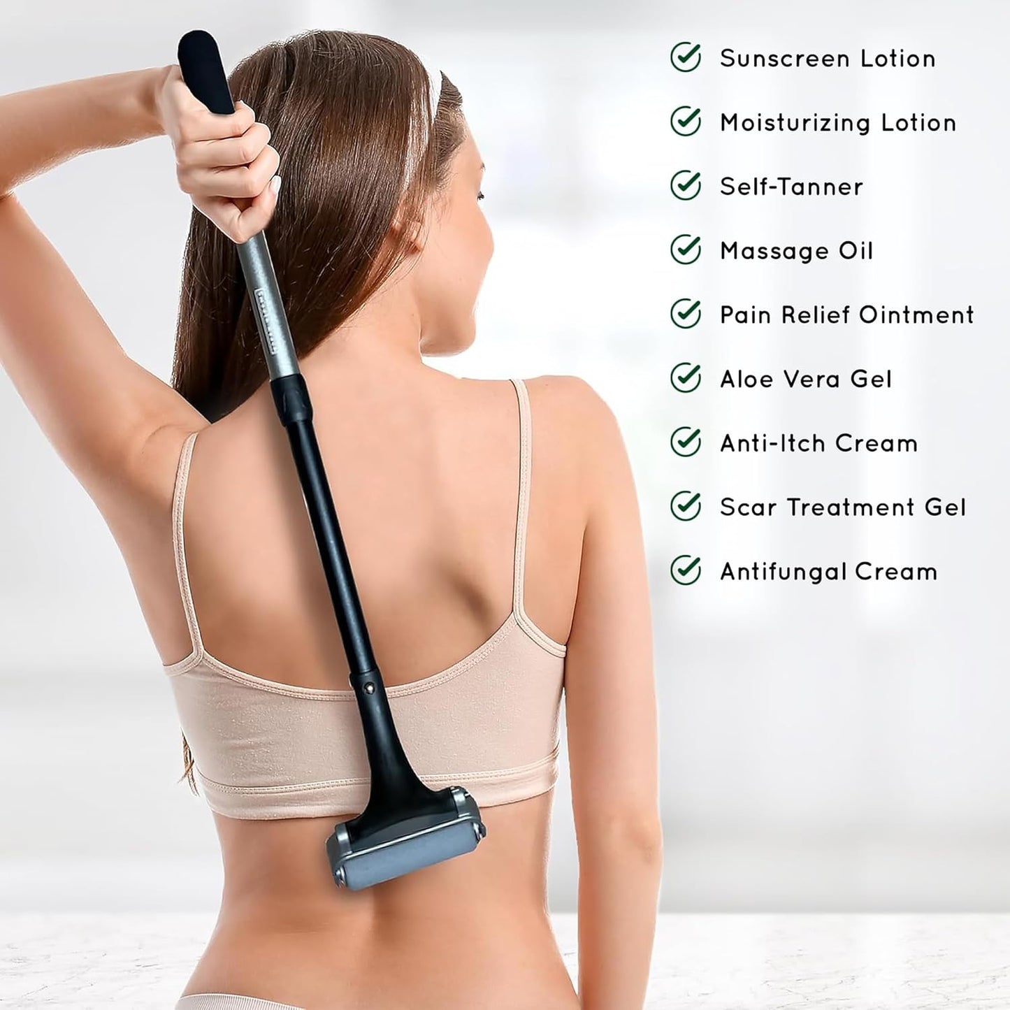 Lotion Applicator for Back - Sunblock and Sunscreen Application Roller - Apply Moisturizer, Cream, Ointment, Oil, Self Tanner - Daily Living Aids - Reacher - Back Scratcher Upgrade – Washable