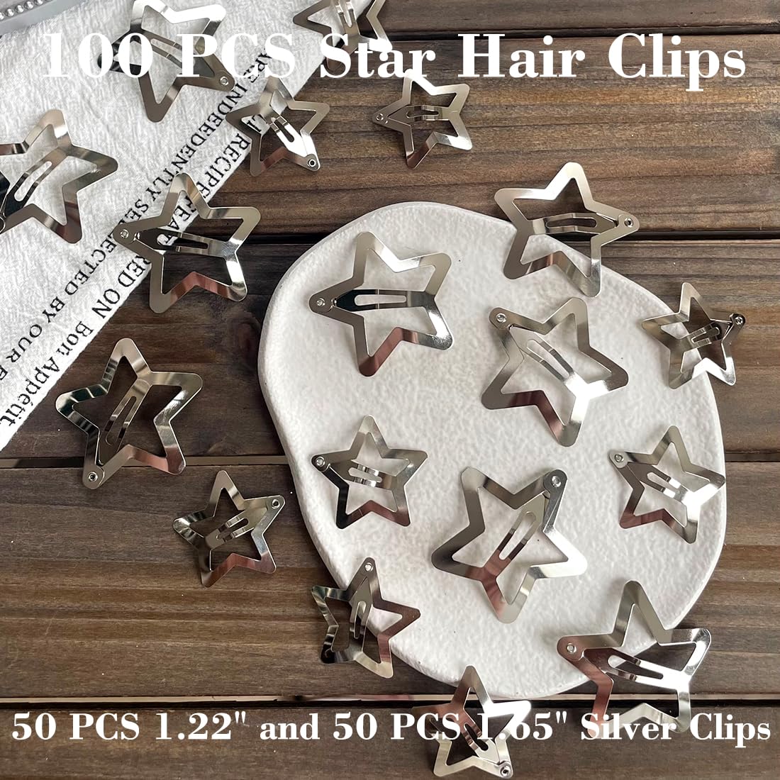 100 PCS Stars Hair Clips,50PCS 1.22"Clip and 50 PCS 1.65"Clips Snap Star Hair Accessories Non Slip Star Clips for Girls Women Y2K Accessories Silver Metal Hair Clips
