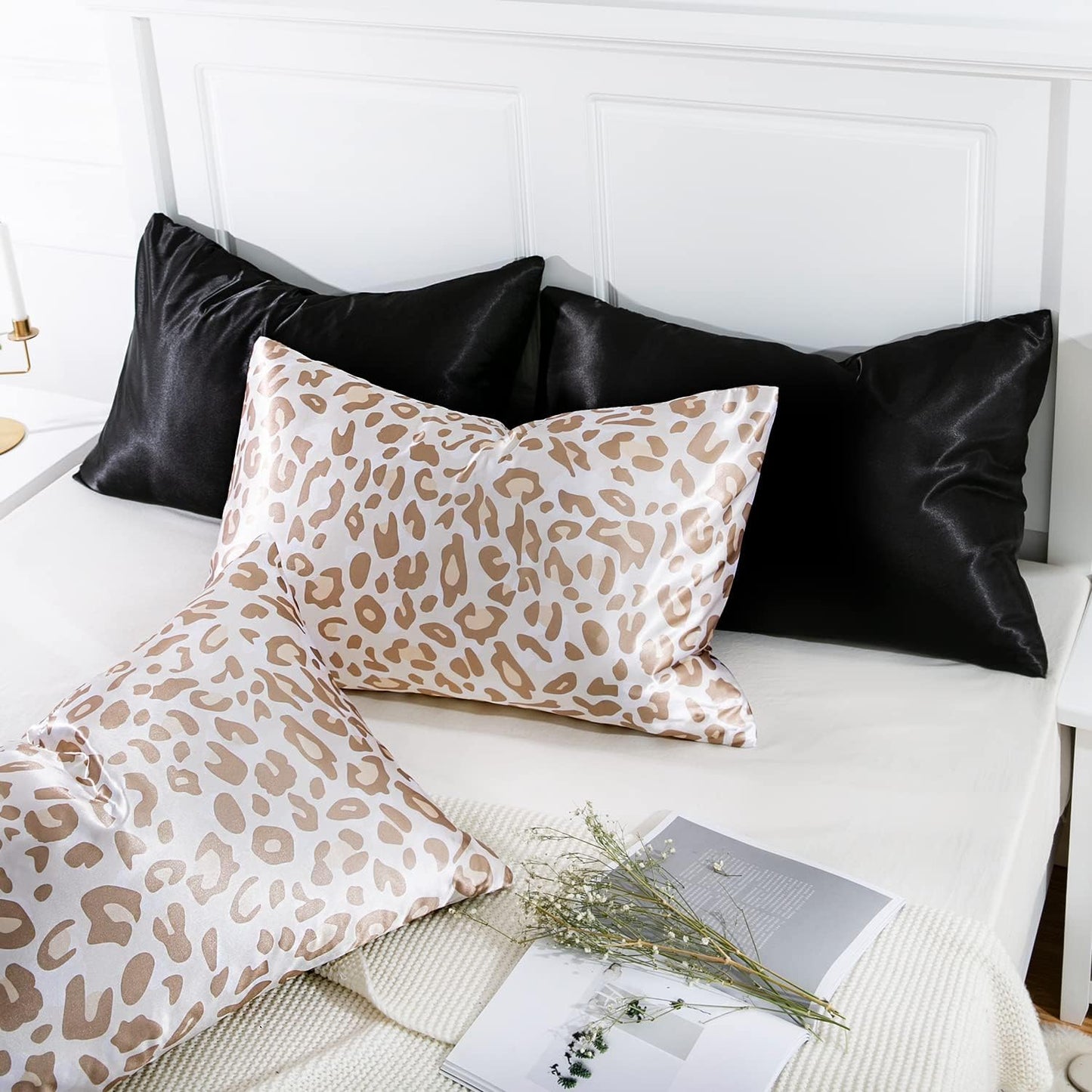 MR&HM Satin Pillowcase for Hair and Skin, Silk Satin Pillowcase 2 Pack, King Size Pillow Cases Set of 2, Silky Pillow Cover with Envelope Closure (20x36, Champagne Leopard)