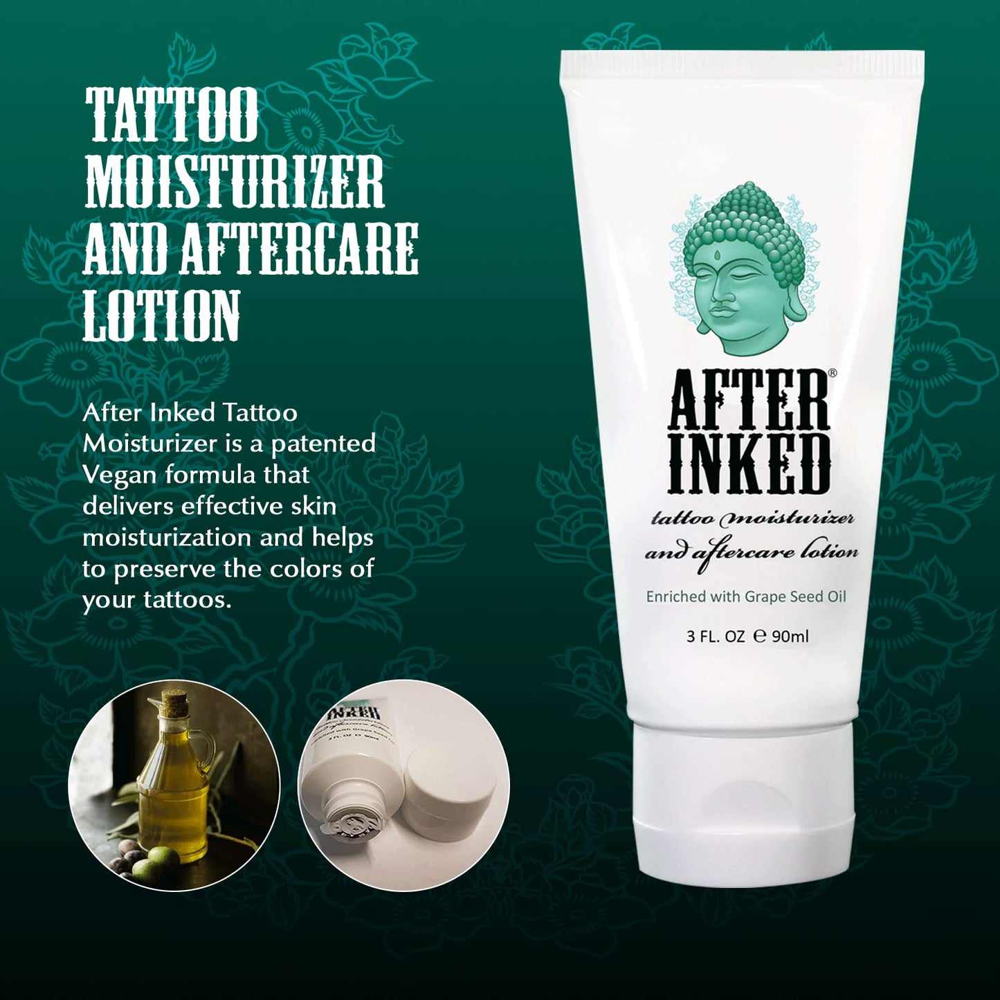 After Inked Tattoo Aftercare Lotion – Moisturizing Balm for Inked Skin, As Seen on INK MASTER – Hydrating Cream with Grape Seed Oil, Skin Nourishment & Daily Maintenance – 3 Fluid oz Tube (2-Pack)