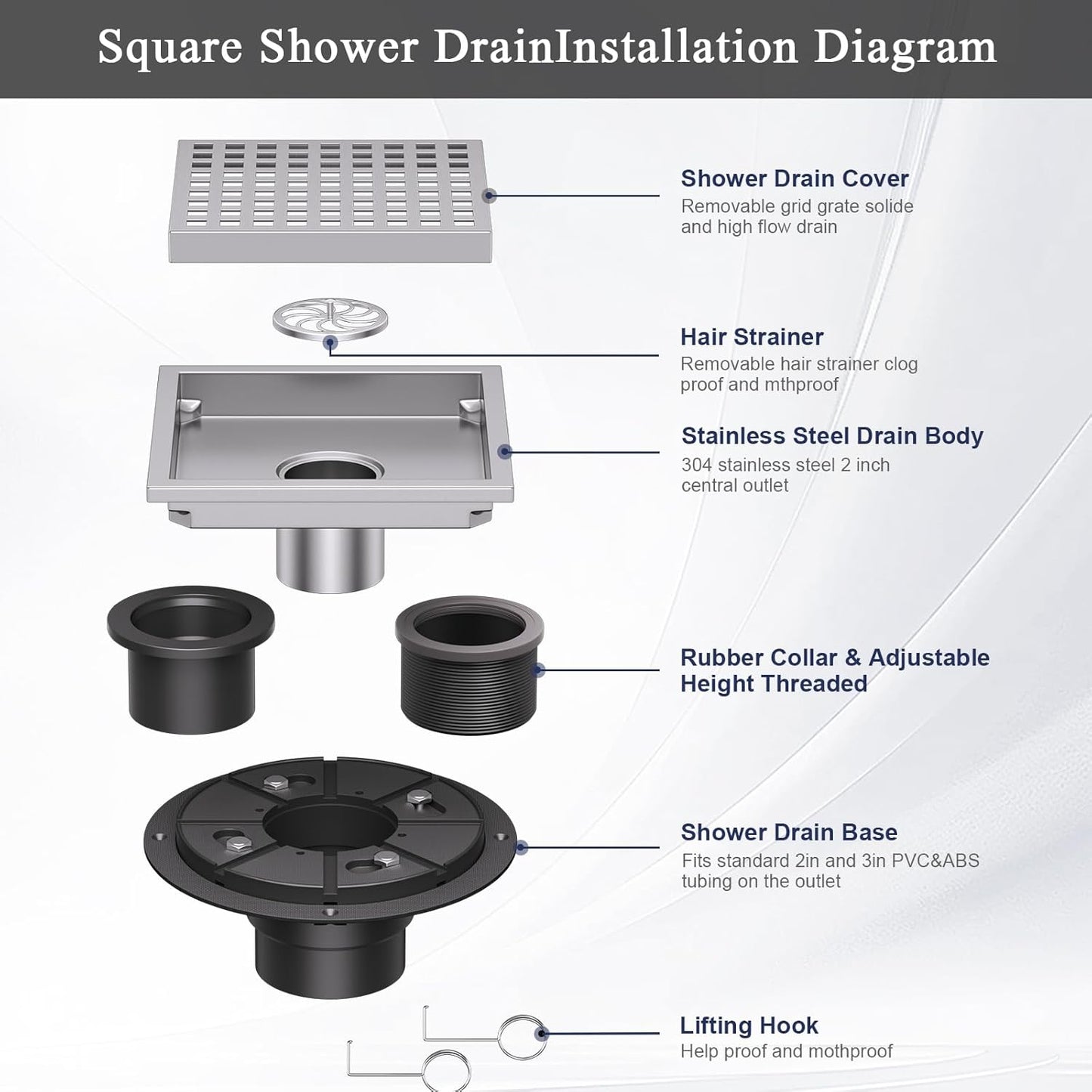 Square Shower Floor Drain with Flange, 6 Inch Brushed Nickel Shower Drain Hair Catcher, SUS304 Stainless Steel Floor Drain Strainer, Shower Drain Cover