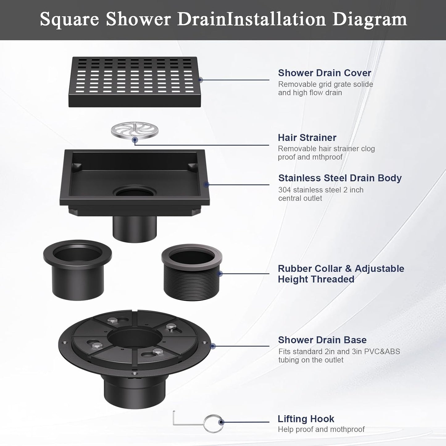 Square Shower Floor Drain with Flange, 6 Inch Matte Black Shower Drain Hair Catcher, SUS304 Stainless Steel Floor Drain Strainer, Shower Drain Cover
