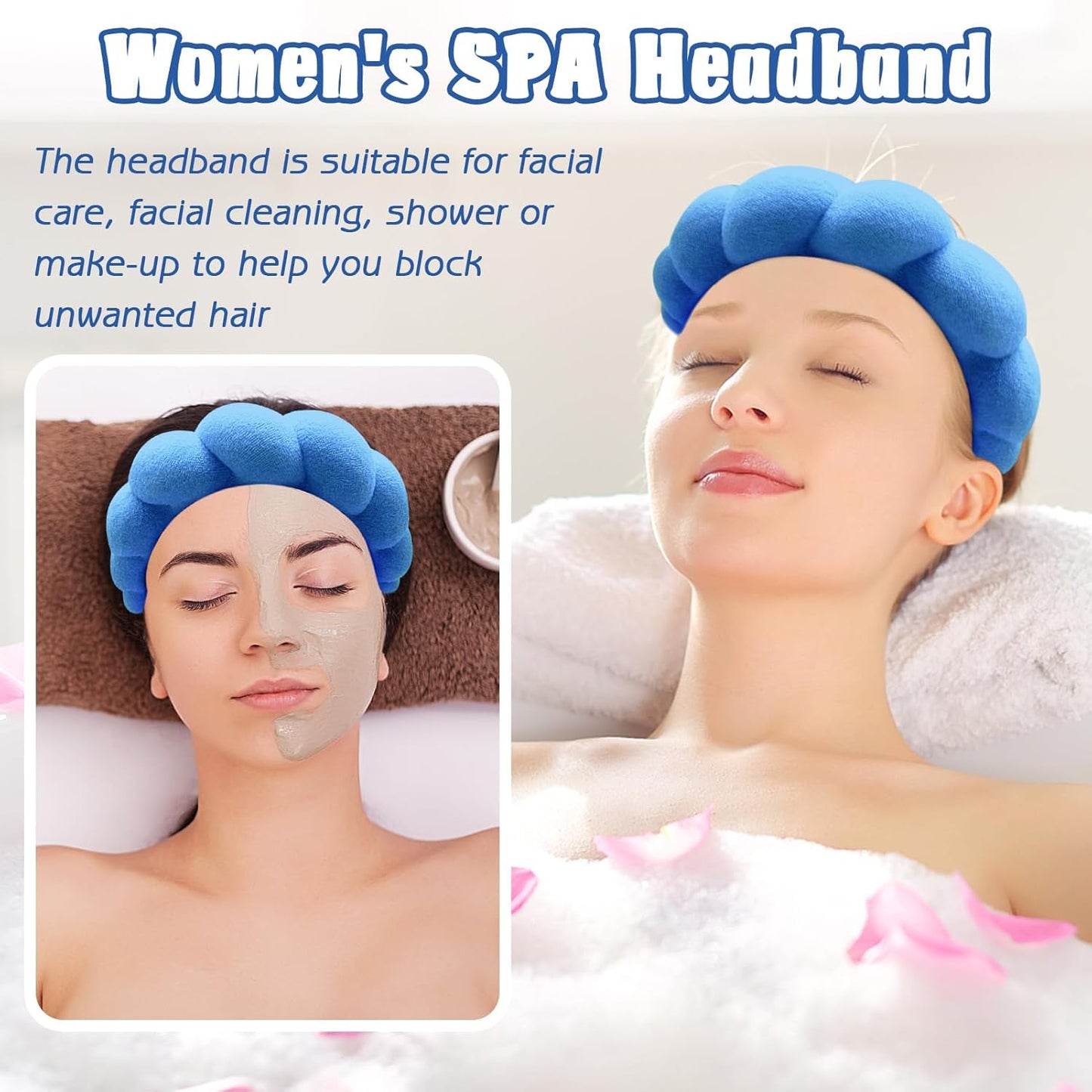 Zkptops Spa Headbands for Washing Face Wristband Set Sponge Makeup Skin Care Headband Towels Bubble Soft Hairband for Women Girls Puffy Headwear Winter Non Slip Thick Thin Hair Accessory(Dark Blue-3)