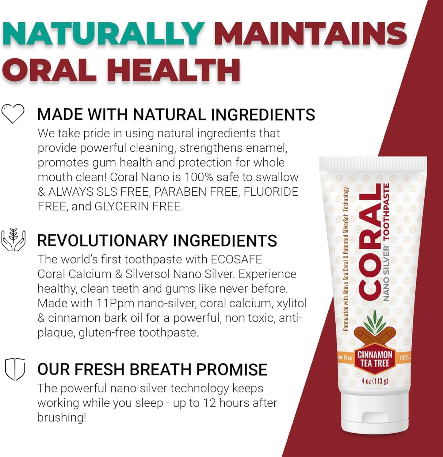 Coral Nano Silver Cinnamon Tea Tree Toothpaste, Natural Fluoride Free Teeth Whitening Toothpaste, Coral Calcium Nano Silver Infused SLS Free 4 Ounce