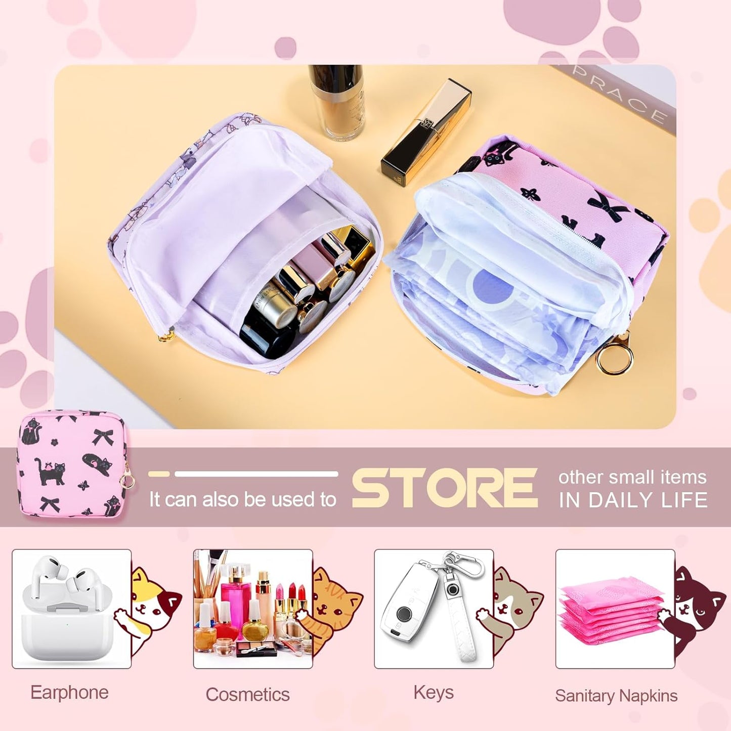 Tampon Holder for Purse, Canvas Period Bag Sanitary Napkin Storage Bag for Girls Womens, Portable Feminine Emergency Pad Period Pouch(Teacup White Cat)