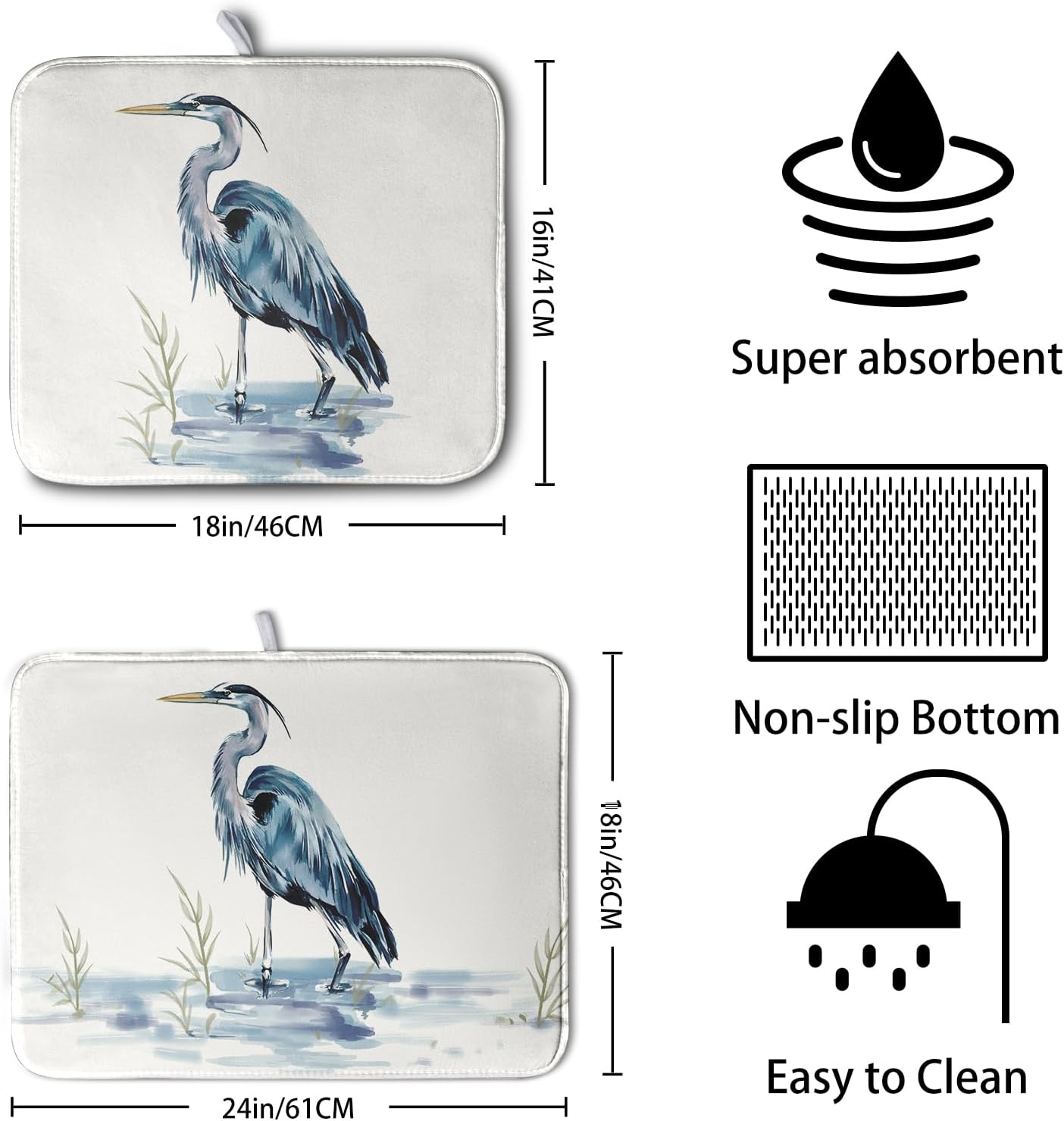 Summer Dish Drying Mat Blue White Heron Beach Absorbent Microfiber Drying Mats for Kitchen Counter Coastal Nautical Birds Dishes Drainer Mat 16x18 Inch