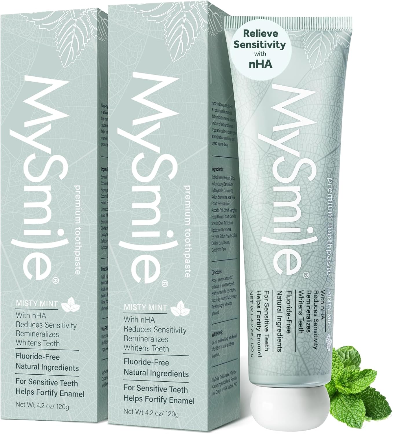 MySmile Fluoride Free Nano Hydroxyapatite Toothpaste for Sensitive Teeth, Strengthens Enamel, Remineralizes & Whitens Teeth, Freshens Breath for Adults, SLS Free, Natural Misty Mint, 4.2 oz, 2 Pack