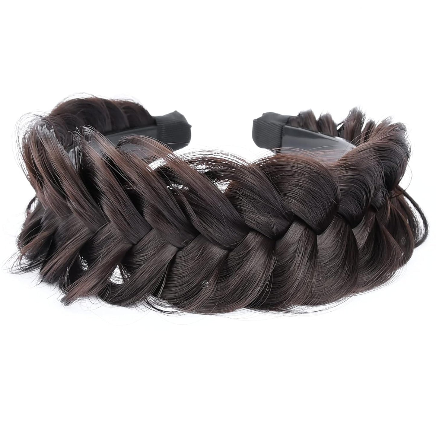 DIGUAN Wide Messy Braided Headband With Teeth Synthetic Hair Plaited Headband High Elasticity Braids Chunky Fishtail Braided Hair Band Hairpiece for Girls Women (Deep Brown)