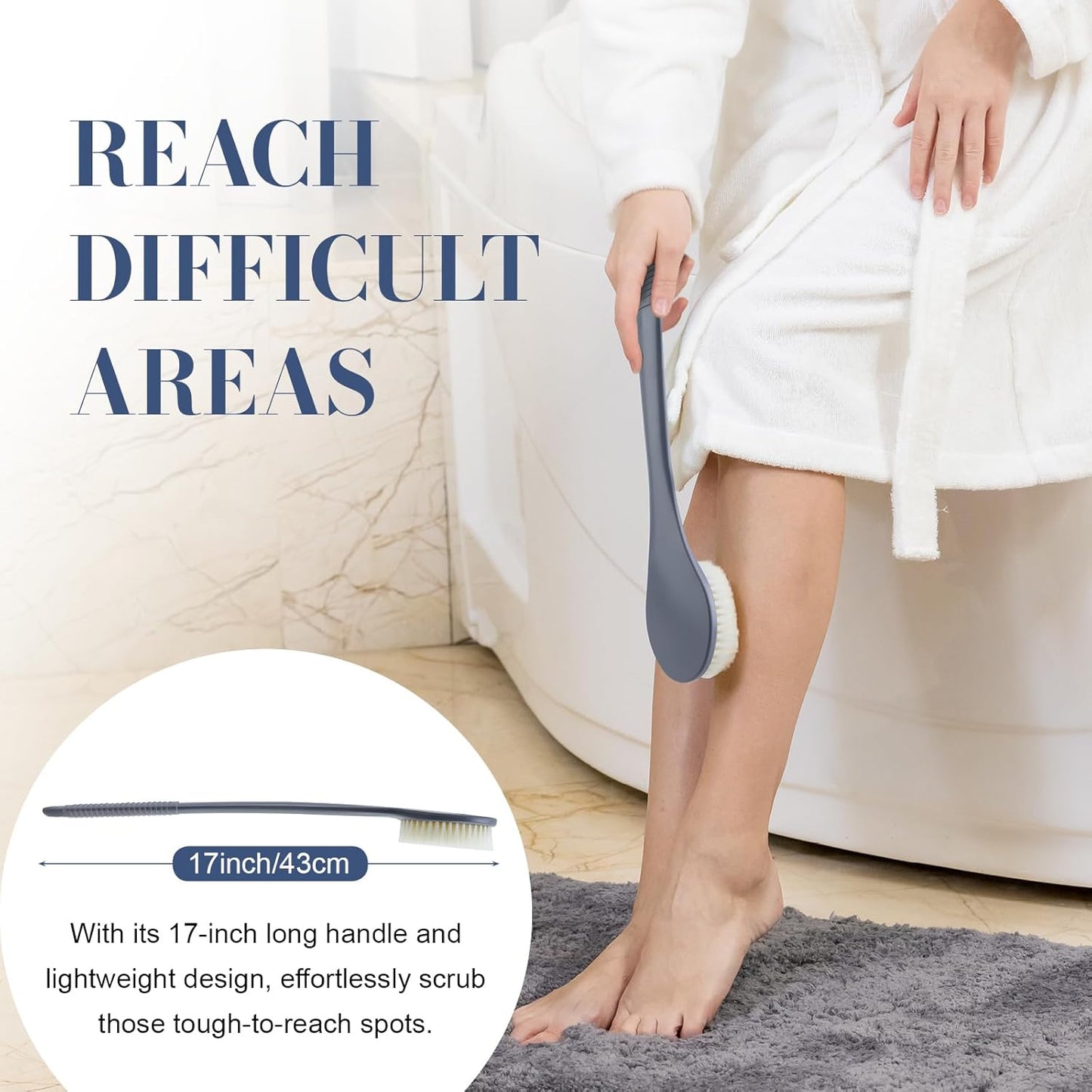 Back Scrubber for Shower, Shower Body Brush for Cleaning with Long Handle for Showering, 17 Inch Back Washer Exfoliator for Shower Men Women with Non-Slip Handle, Adhesive Hook (Gray)