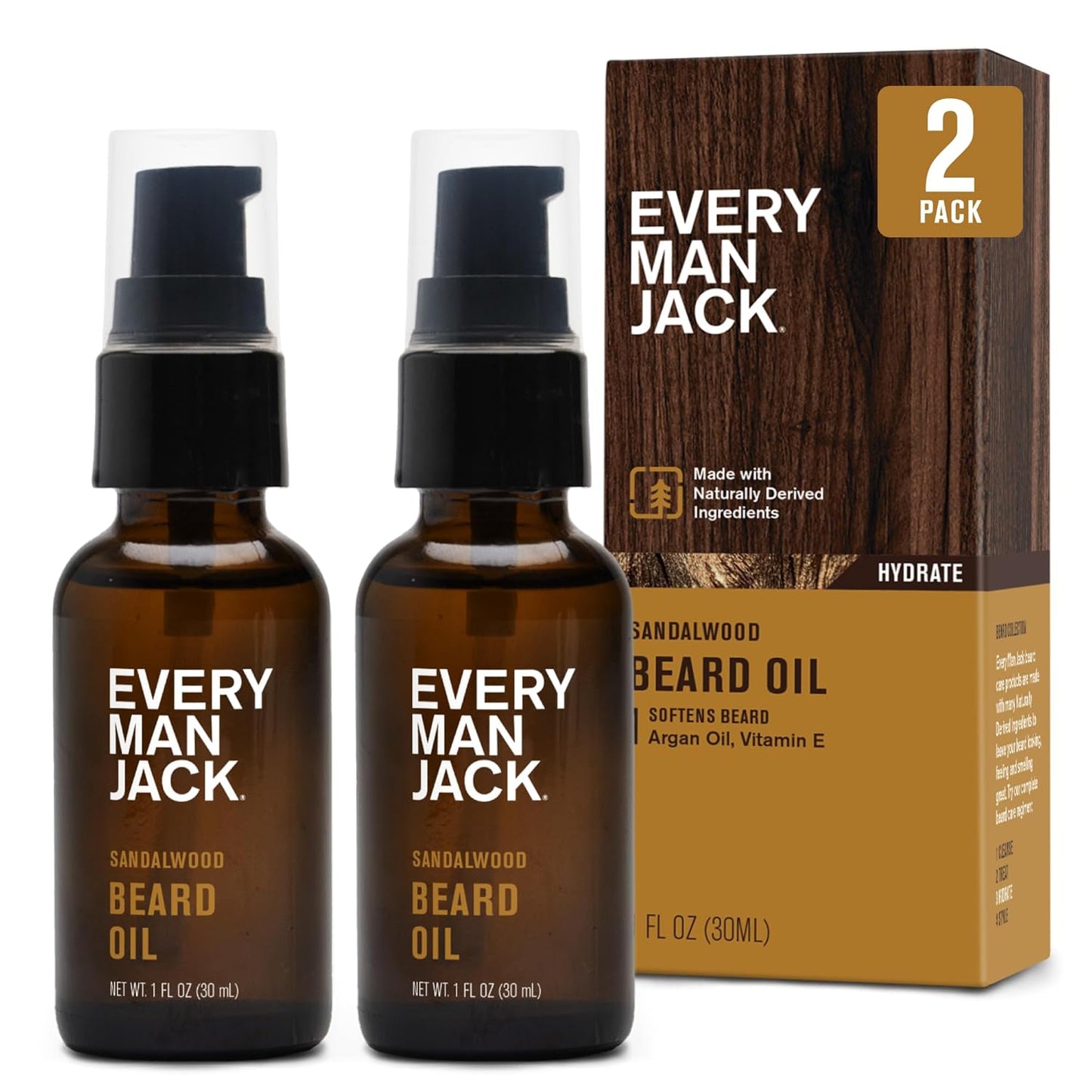 Every Man Jack Mens Beard Oil - Subtle Sandalwood Fragrance - Deeply Moisturizes and Softens Your Beard and Adds a Natural Shine - Naturally Derived with Shea Butter and Argan Oil - 1 fl oz (2 Pack)