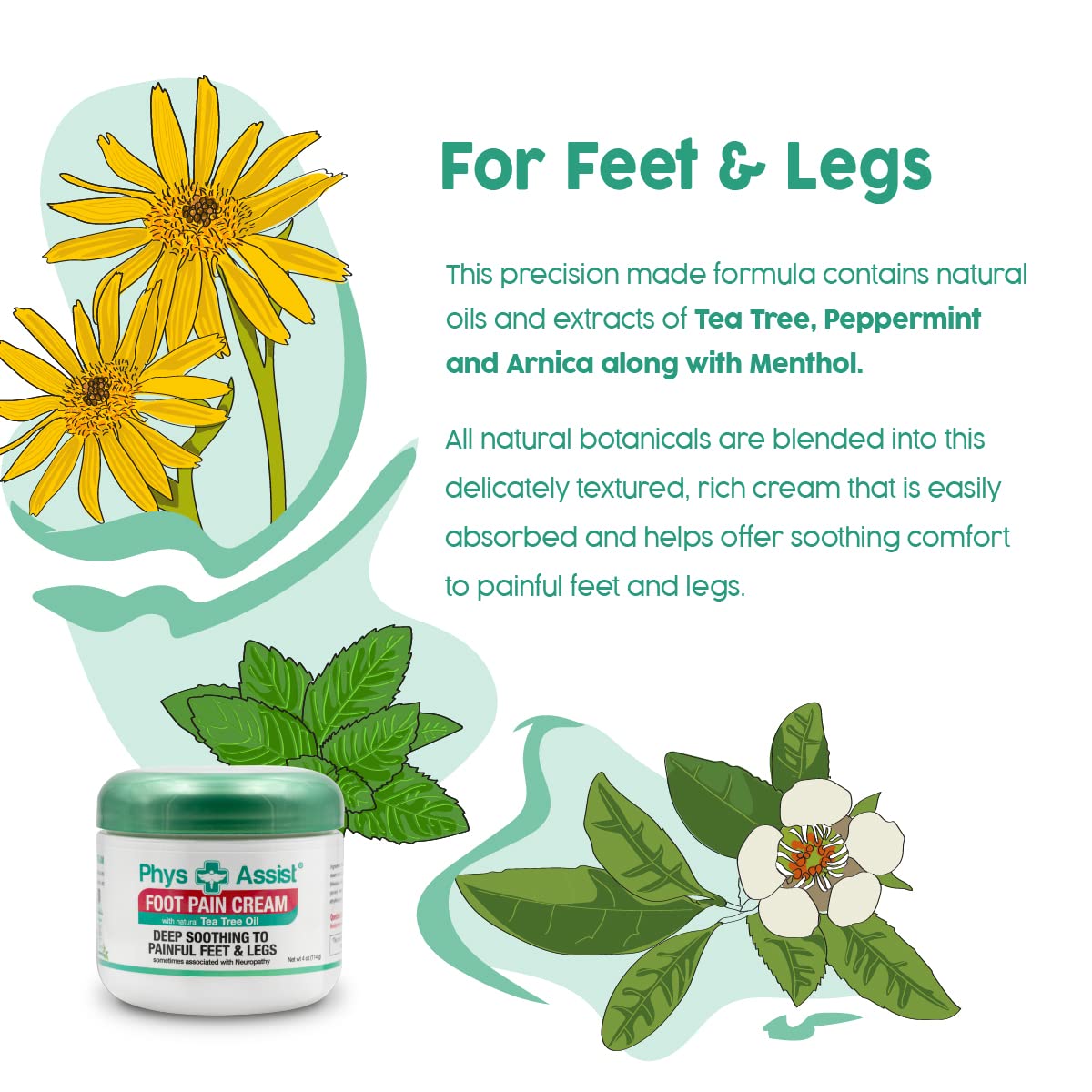 PhysAssist Foot Pain Cream Combo 4 oz jar + 1.5 oz, Soothing Relief for Feet and Legs, Fast Absorbing Formula, Contains Natural Ingredients & Botanicals