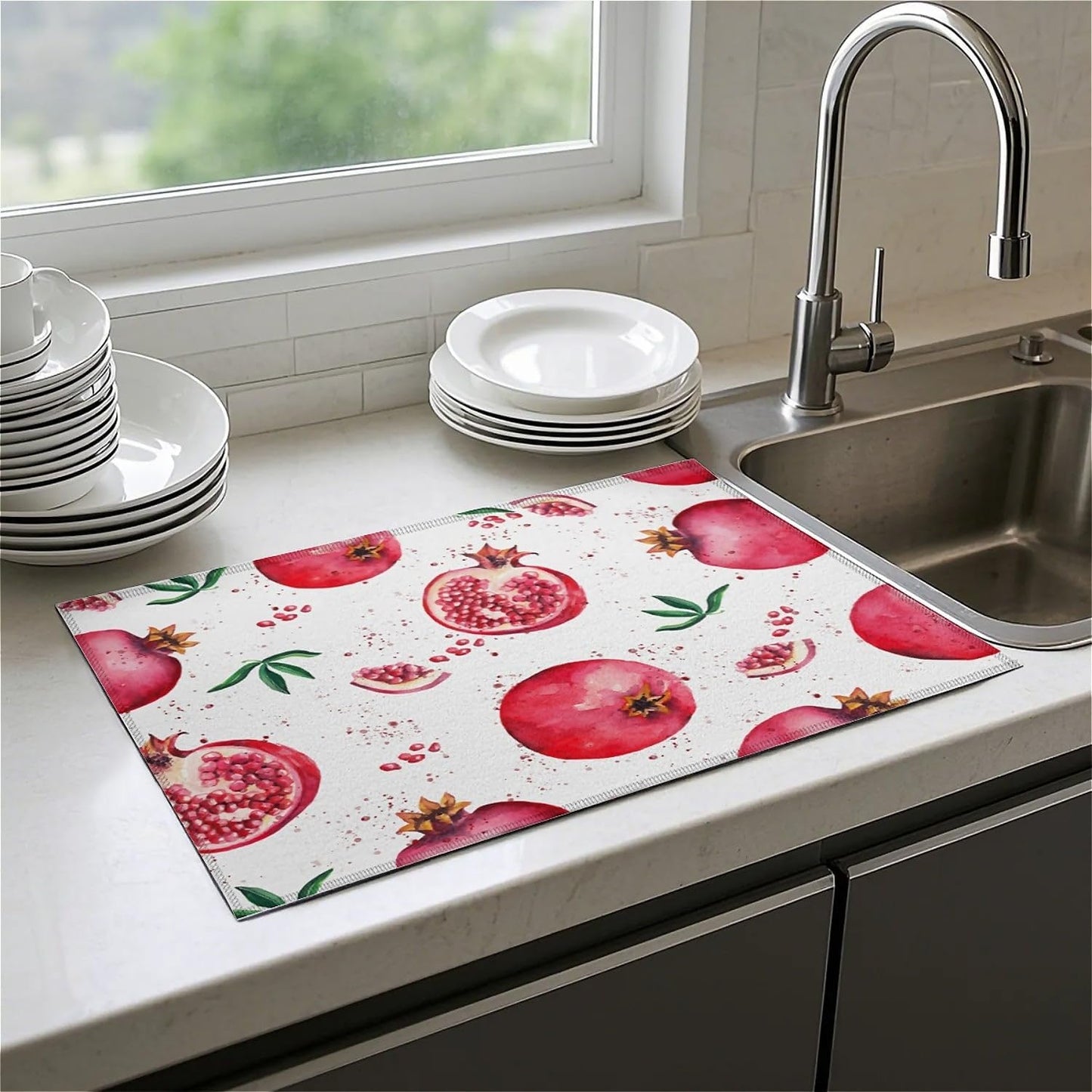 Dish Drying Mat For Kitchen Counter, Red Pomegranate Microfiber Absorbent Dish Drainer Rack Pad Reusable Large 18x24in Drying Mat