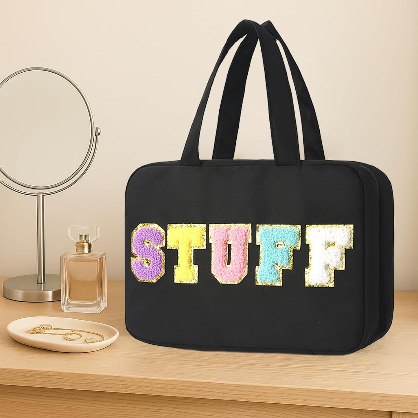 Toiletry Bag for Women Chenille Letter Makeup Bag Water-resistant Cosmetic Bag Travel Bag with Hanging Hook Preppy for Store Toiletries Cosmetic Accessories Large Capacity Black