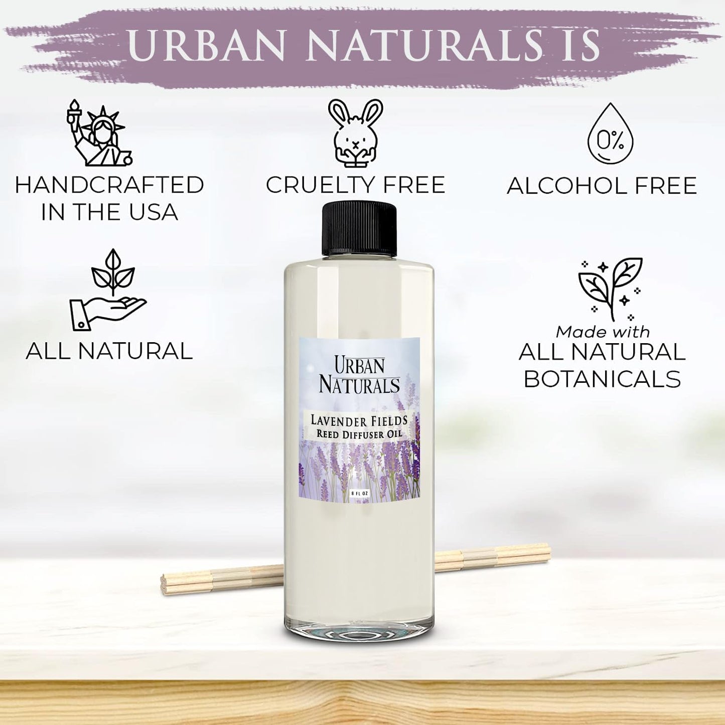 Urban Naturals Reed Diffuser Oil Refill Lavender Fields with Geranium, Clary Sage, Soft Florals 8 oz + Free Reed Sticks, Made in The USA