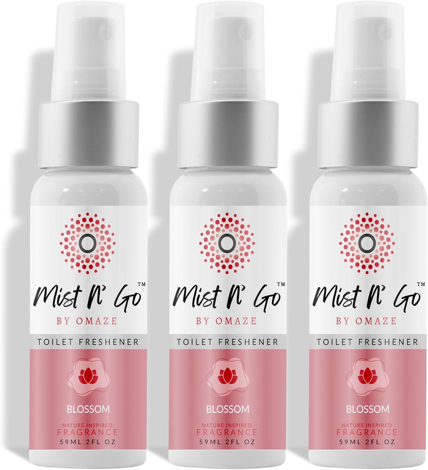 Mist N’ Go by Omaze Travel Bathroom Spray for Toilet Spray Odor Eliminator - Travel Toilet Spray for Bathroom Air Freshener Spray for Bathroom Deodorizer - Blossom Regular Size (2oz x3)