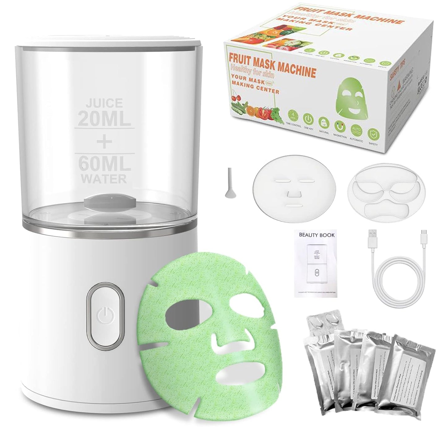 Face Mask Maker Machine, DIY Natural Fruit & Vegetable Mask with 32Pcs Collagen, Automatic Facial Skin Care Machine for SPA Treatments (Rechargeable)