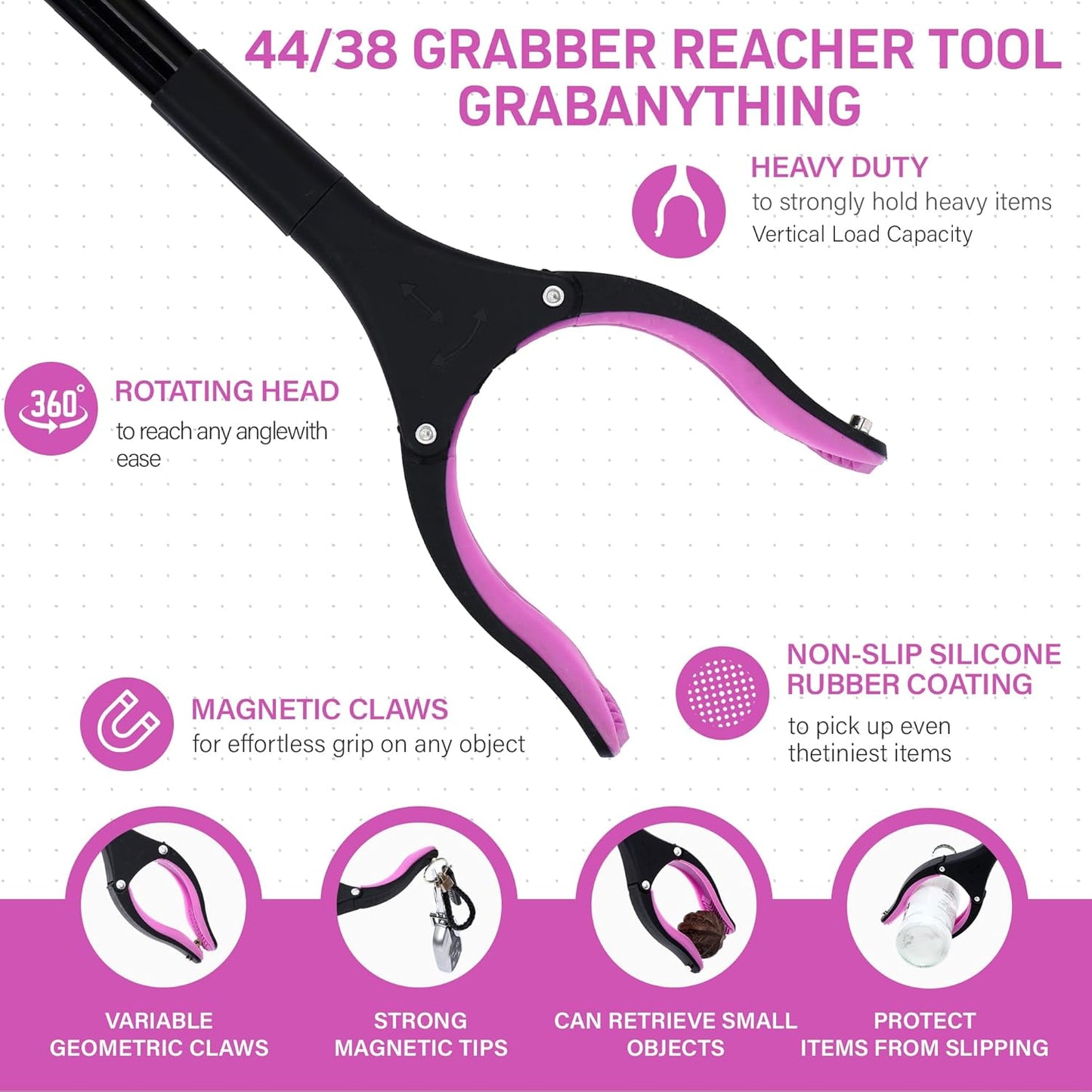 38" & 44" Extra Long Grabber Reacher Tool – 2 Pack Foldable Reacher Grabber Pickup Tools with 360° Rotating Jaw for Seniors, Hard-to-Reach Areas, Ergonomic Grip & Lightweight Design（Pink）