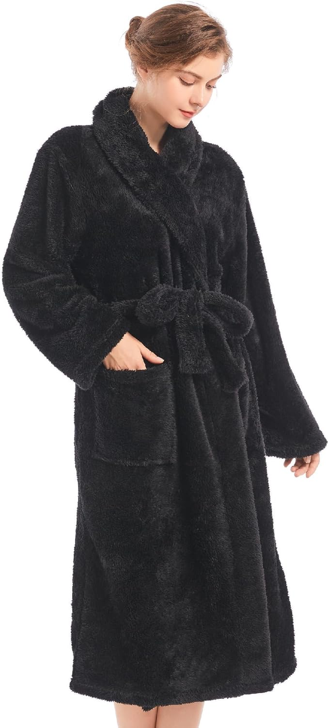 Inner Wish Womens Plush Fleece Robe, Cozy Warm Bathrobe Fuzzy Female Spa Robe With Pockets