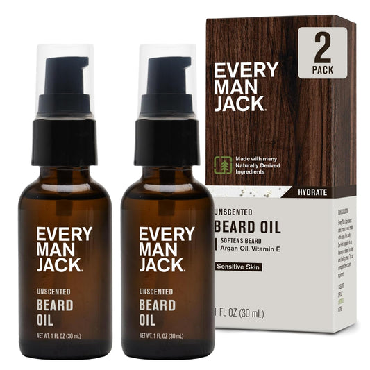 Every Man Jack Unscented Beard Oil for Men - Fragrance Free for Sensitive Skin - Naturally Moisturizes and Softens Beard w/Shea Butter & Argan Oil - 1 fl oz (2 pack)