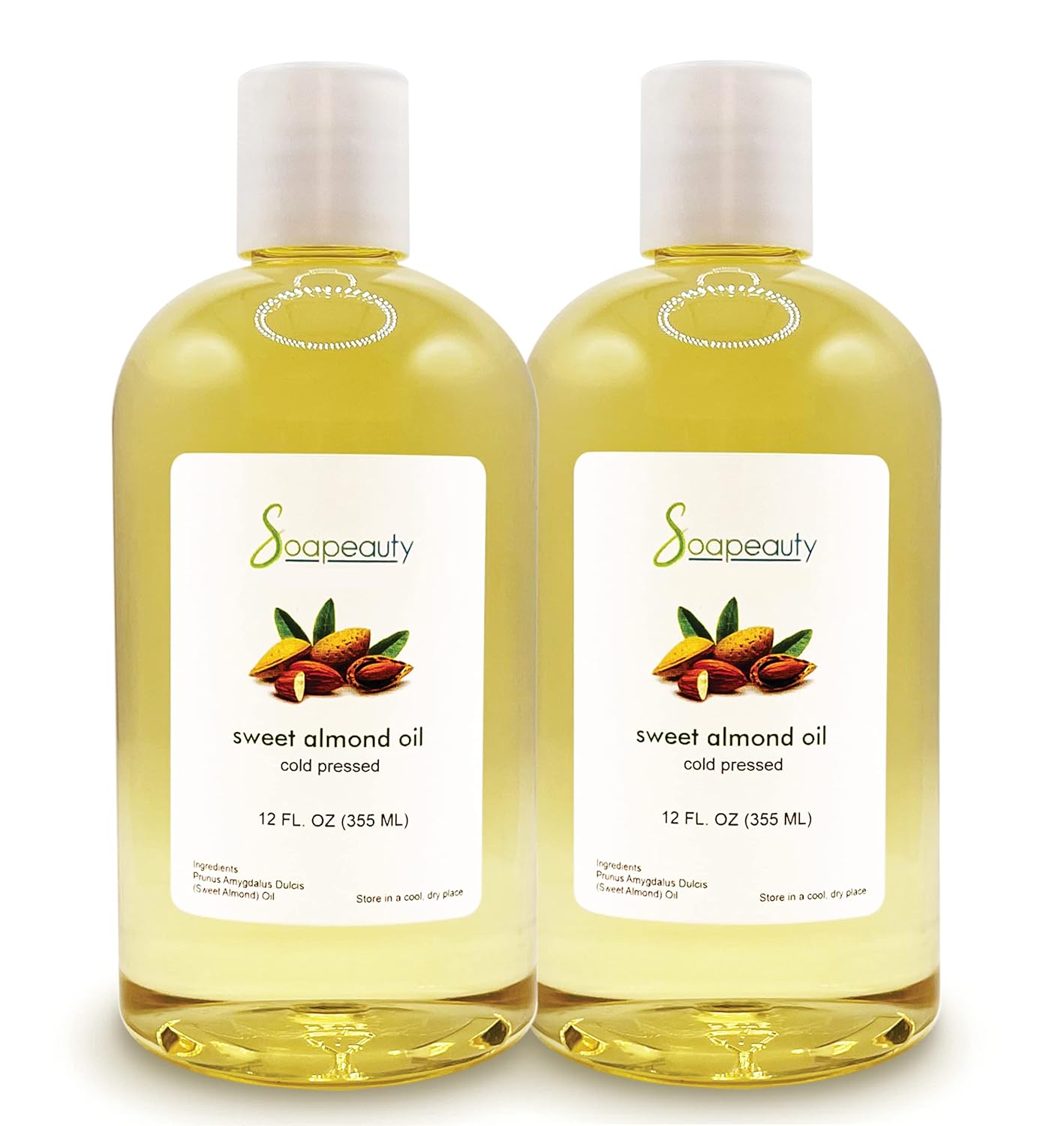 Soapeauty Sweet Almond Oil Cold Pressed Refined | 100% Pure Sweet Almond Oil Available in Bulk | Carrier for Essential Oils, Almond Oil for Skin, Face, and Hair, Soap Making | 24 fl oz (2 * 12 fl oz)