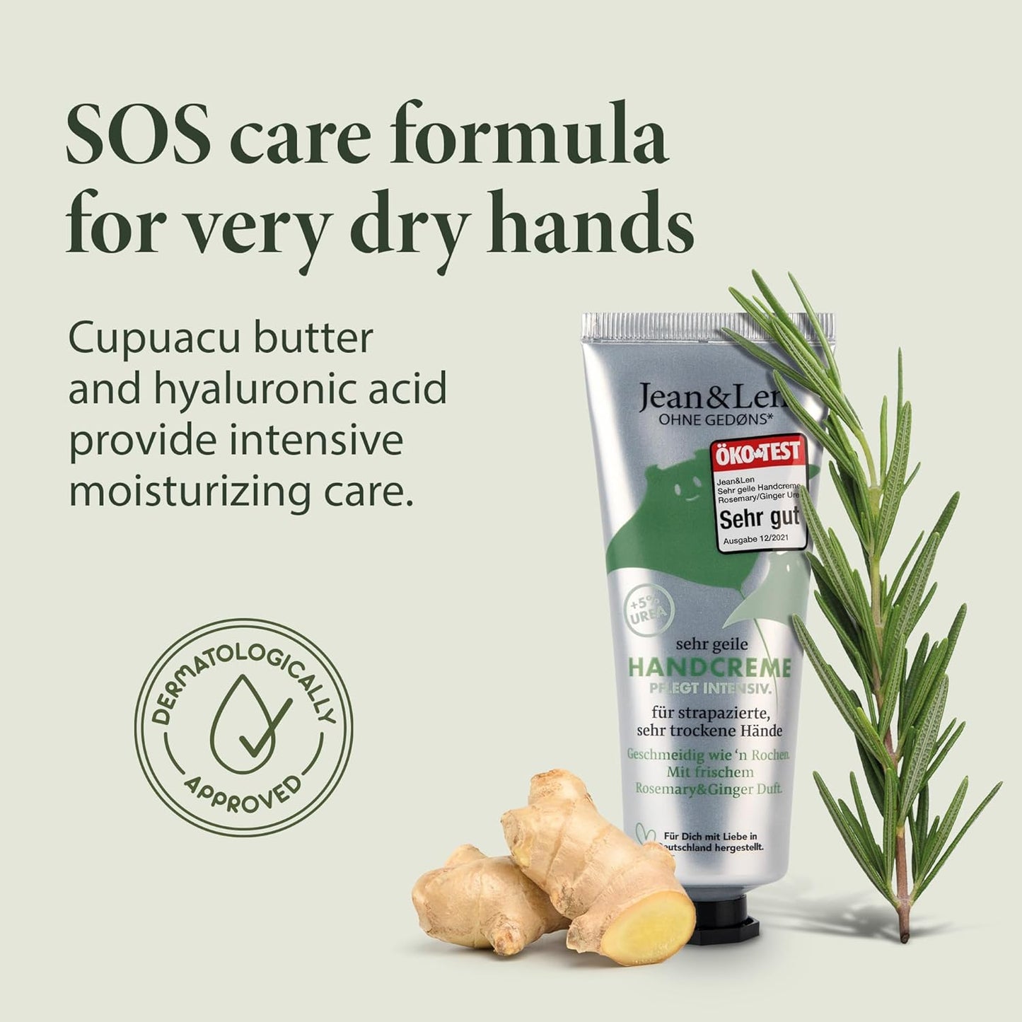 Jean & Len Hand Cream Rosemary & Ginger, with urea, hand care for dry and chapped hands, moisturizes and nourishes intensively, hand cream tube, 2.54 ml