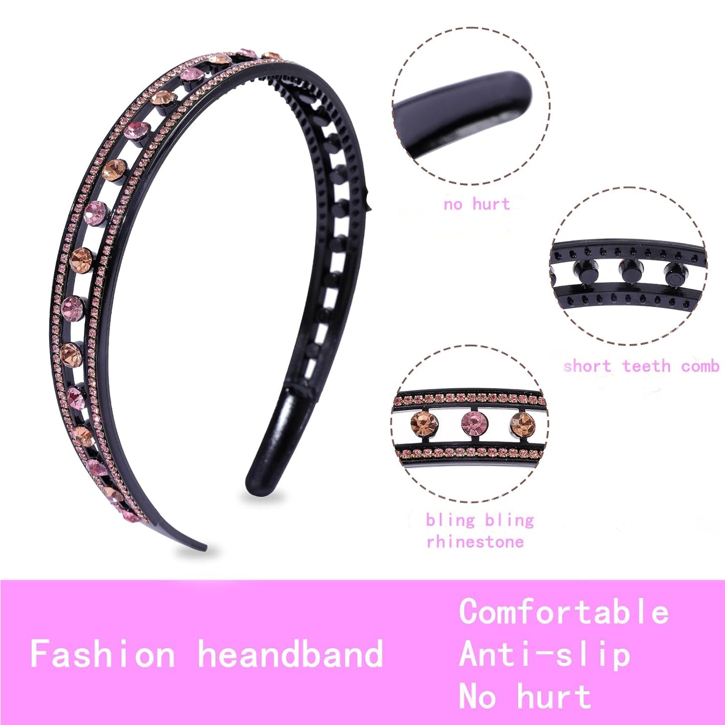 Plastic Rhinestone Headbands for Women,6PCS Sparkly Crystal Headband Non Slip Tooth Hair Bands Rhinestone Hair Hoop,Comfortable Daily Prom Party Head Accessories