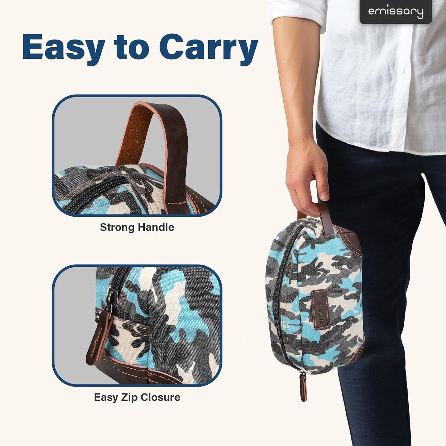 emissary Men's Toiletry Bag, Leather and Canvas Travel Toiletry Bag, Dopp Kit for Men,Bathroom Bag Men's Shaving Kit, Travel Kit Small Bags for Men, Shaving Bag for Travel (Camo-Blue)